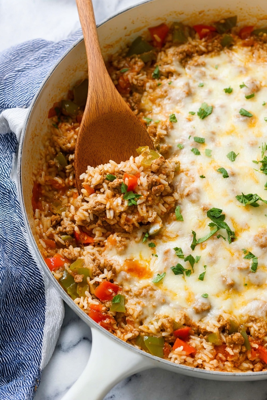 Stuffed Pepper Casserole with Sausage and Rice, easy stuffed pepper casserole, sausage and rice casserole, comfort food recipes, quick dinner ideas - This image shows a white pan filled with a cooked dish made of three main layers mixed together: cooked white rice grains, small pieces of green and red bell peppers, and browned ground meat in a light reddish sauce. On top, there is a melted layer of pale yellow cheese with a soft and slightly bubbly texture that spreads unevenly across the surface. Small chopped green herbs are sprinkled on top for a fresh touch. A wooden spoon is scooping some food from the left side. The pan is placed on a white marbled surface with a blue and white cloth under its handle. photo taken with an iphone --ar 2:3 --v 7