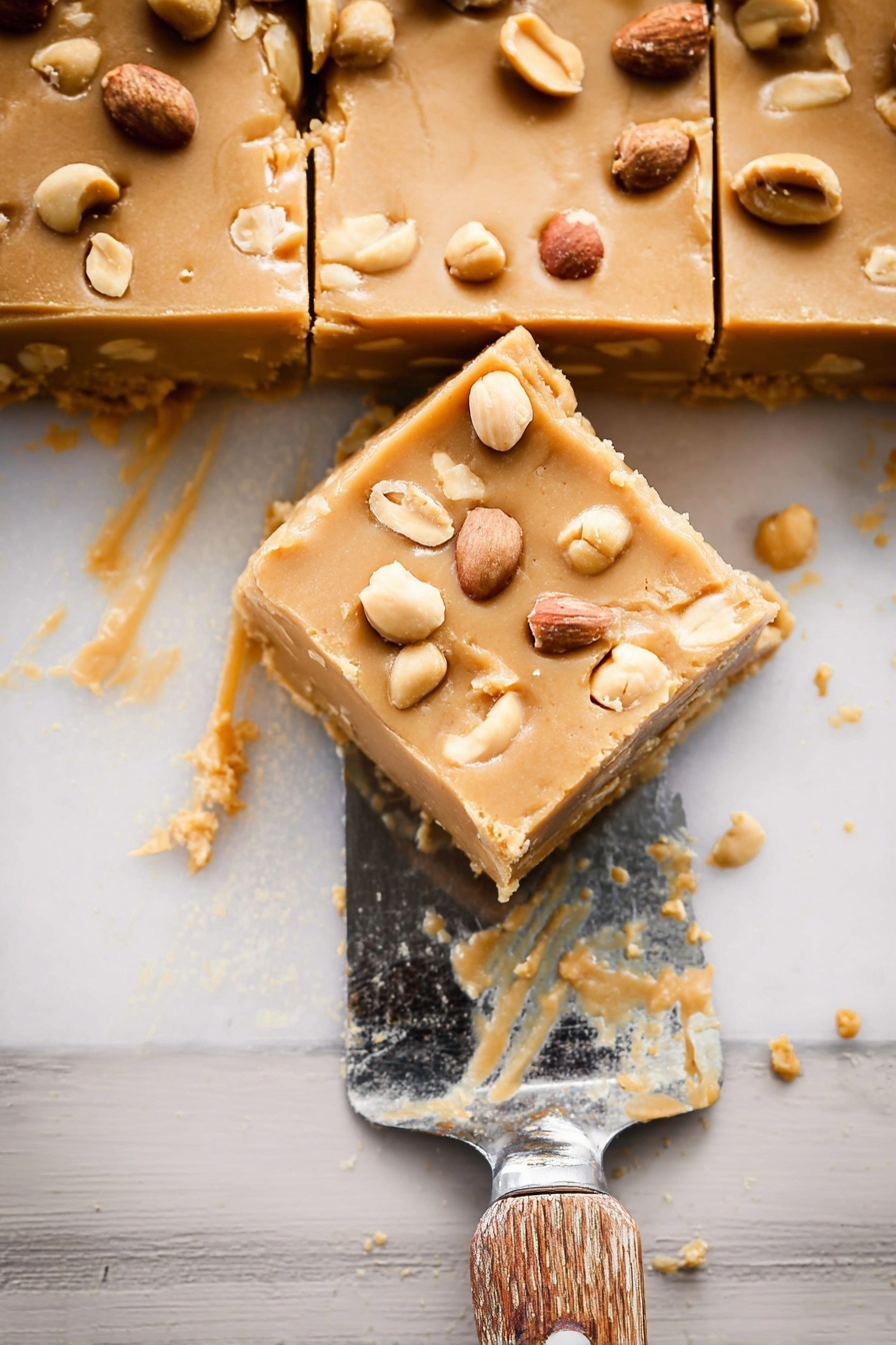Peanut Butter Cake with Creamy Frosting, peanut butter cake recipe, easy peanut butter cake, moist peanut butter cake, homemade peanut butter cake - Three thick square bars of light brown peanut butter fudge are shown on a white marbled surface, with one piece slightly lifted by a metal spatula with a worn wooden handle. The fudge has a smooth top layer with a slightly shiny texture, sprinkled evenly with whole and halved peanuts. The edges of the fudge are clean, and crumbs are scattered around on the surface. Photo taken with an iphone --ar 2:3 --v 7