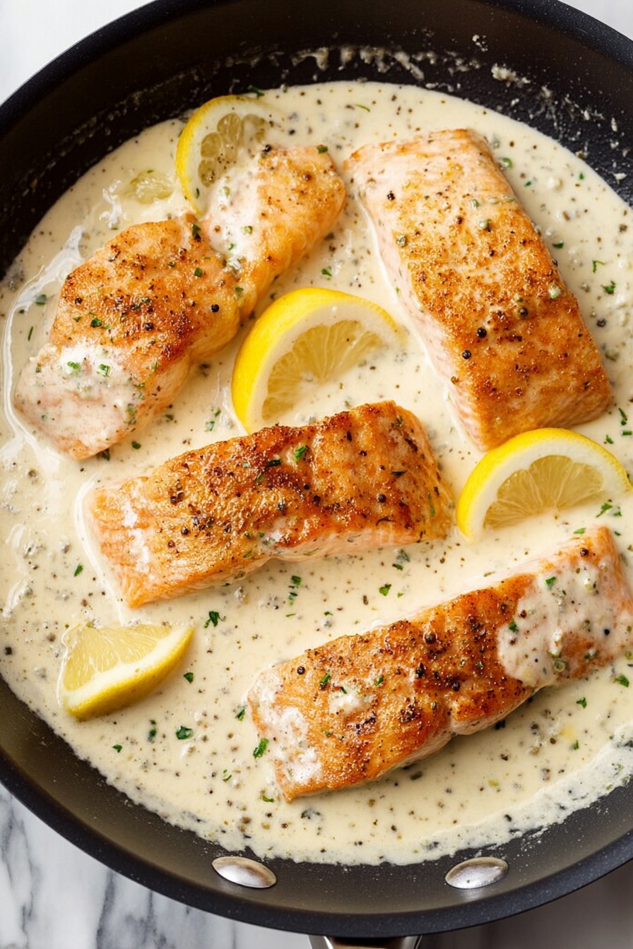 Creamy Lemon Salmon, Lemon Salmon Pasta, Easy Salmon Dinner, Healthy Salmon Recipes, Salmon with Lemon Cream Sauce - Four pieces of golden-brown cooked salmon fillets lay in a black pan filled with thick, creamy white sauce speckled with green herbs and black pepper. Three slices of bright yellow lemon wedges are placed among the salmon, with one wedge resting near the edge of the pan. The sauce covers parts of the salmon, creating a smooth, rich texture. The pan sits on a white marbled surface. photo taken with an iphone --ar 2:3 --v 7