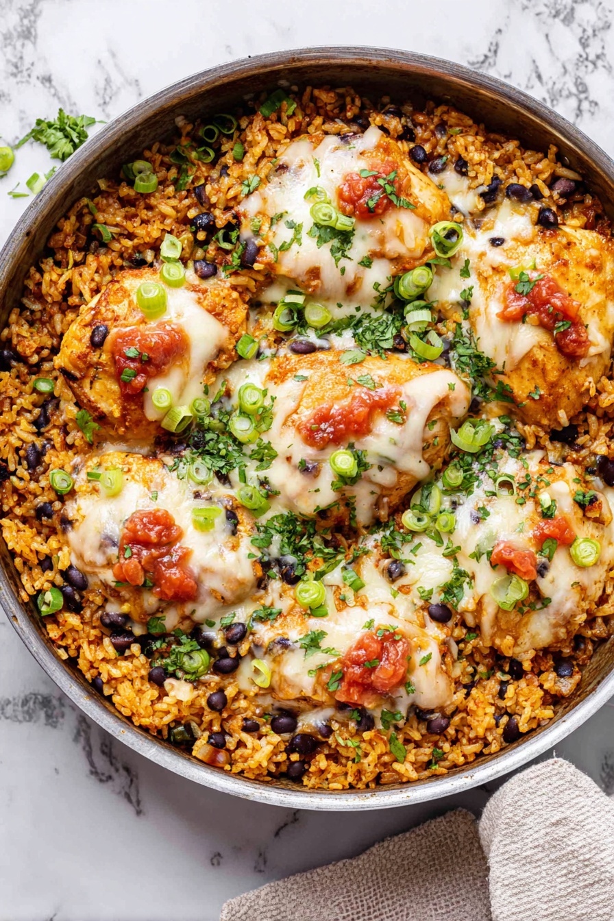 Salsa Chicken with Cauliflower Rice Skillet, quick healthy dinner recipes, low-carb chicken skillet, one-pan chicken and cauliflower rice, flavorful weeknight meals - A round pan filled with a base layer of cooked golden-brown rice mixed with black beans and finely chopped green onions, giving it a textured, slightly moist look. On top, there are six pieces of browned chicken, each covered with melted white and yellow cheese that is slightly bubbly and stringy, with dollops of red tomato sauce scattered over the cheese. Fresh chopped green herbs and more green onion slices are sprinkled evenly across the dish, adding pops of bright green color. The pan sits on a white marbled surface with a light-colored cloth partially visible at the top right corner. Photo taken with an iphone --ar 2:3 --v 7