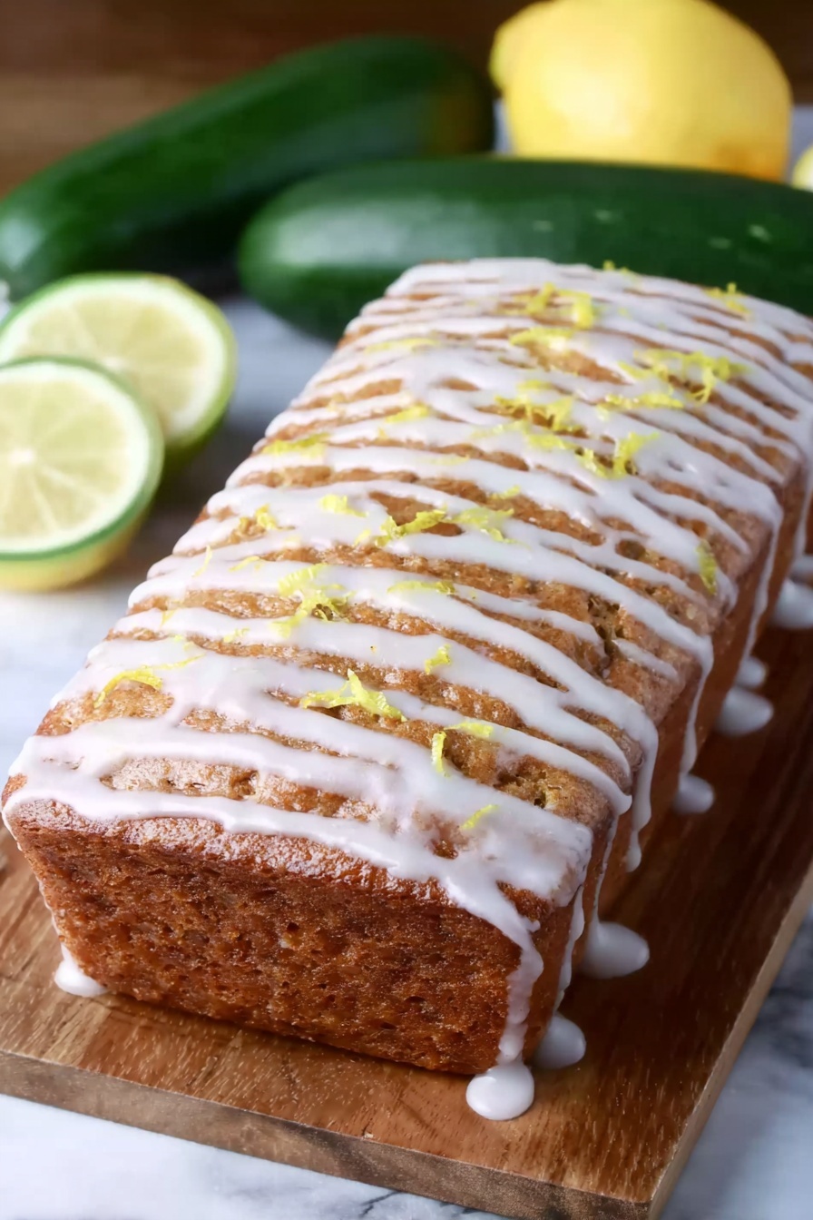 Lemon Zucchini Bread, zucchini bread with lemon, citrus zucchini quick bread, moist lemon zucchini loaf, easy zucchini lemon cake - A rectangular loaf cake sits on a clear glass tray placed on a wooden board, showing a dense, slightly textured brown surface. The top is covered with a thin, white glaze drizzled unevenly in diagonal lines, with small bits of yellow zest scattered across the top. In the background on a white marbled surface, two whole green zucchinis and two lemon slices with pale yellow flesh are visible, adding a fresh contrast to the warm tones of the cake. Photo taken with an iphone --ar 2:3 --v 7