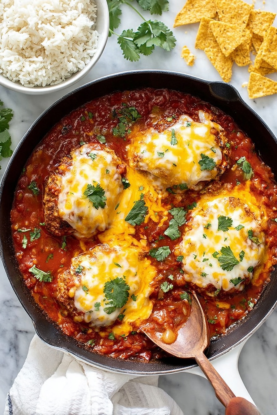 Salsa Chicken Bake, easy weeknight dinner, cheesy chicken casserole, baked salsa chicken, flavorful chicken bake - The image shows a white cast iron pan filled with four large pieces of meat covered by melted yellow and white cheese. These pieces sit in a thick, bright red tomato sauce with bits of herbs and vegetables visible. Bright green cilantro leaves are scattered on top of the cheese. A spoon with a wooden handle rests in the right side of the pan, partly covered by sauce. Nearby, a white bowl is filled with plain white rice, and to the top right, scattered crispy yellow tortilla strips add texture. The background is a white marbled surface, and a white cloth is partly visible near the pan. Photo taken with an iphone --ar 2:3 --v 7