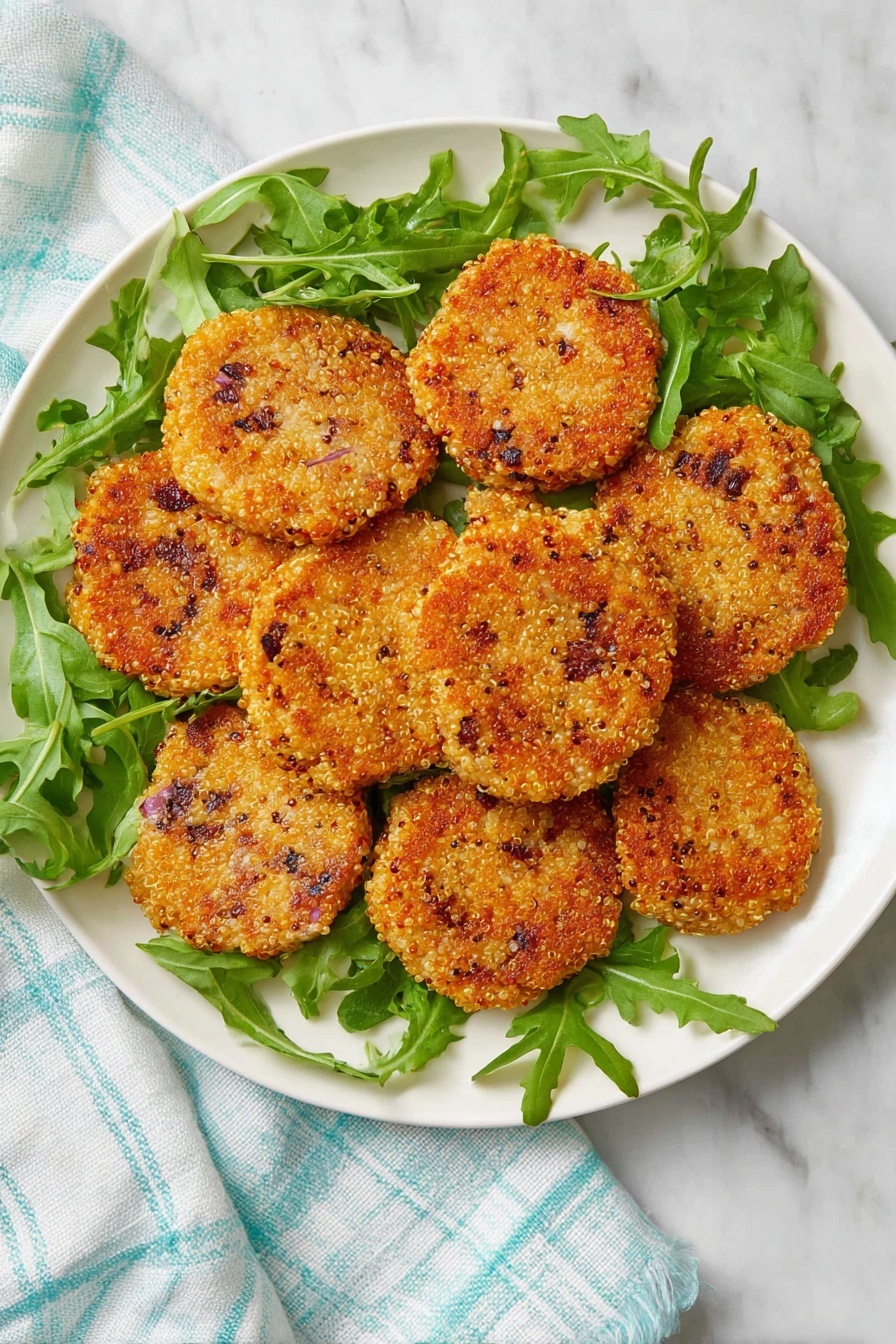 Quinoa Patties with Mozzarella, quinoa patties, cheesy quinoa bites, healthy quinoa snacks, easy vegetarian appetizers - The image shows a white plate filled with about ten golden-brown, round patties that have a crunchy, textured look with visible small bits of red onion and quinoa. The patties are arranged overlapping each other, creating a layered effect, and are surrounded by fresh, bright green arugula leaves scattered around the edges of the plate. The plate is placed on a white marbled surface with a light blue and white checkered cloth nearby, creating a fresh and simple setting. photo taken with an iphone --ar 2:3 --v 7