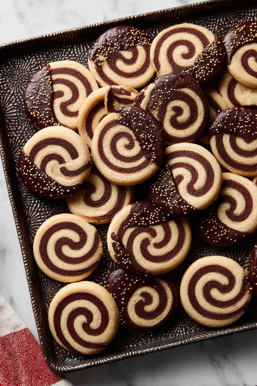 Chocolate Pinwheel Cookies, Pinwheel Cookies Recipe, Chocolate Swirl Cookies, Vanilla and Chocolate Cookies, Easy Pinwheel Cookies - A tray filled with many round cookies shows two swirled layers, one light beige and one dark brown, creating a spiral pattern from the center to the edge. About half of these cookies are dipped on one side in dark chocolate, which is smooth and shiny and sprinkled lightly with small golden bits. The tray is dark with a textured pattern and sits on a white marbled surface. A bit of a red and white cloth is visible at the bottom left corner. photo taken with an iphone --ar 2:3 --v 7