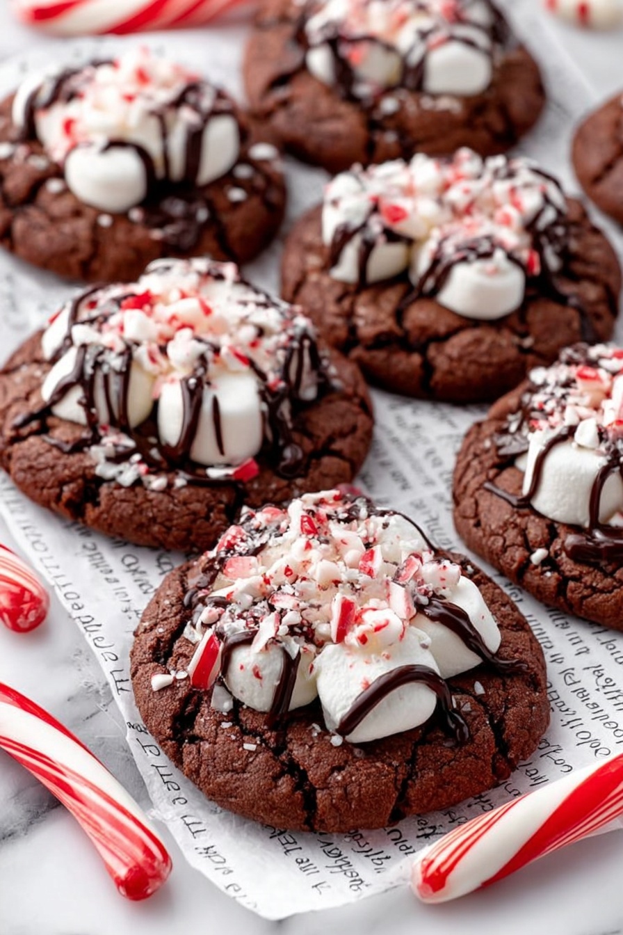 Peppermint Hot Chocolate Cookies, peppermint cookies, hot chocolate cookies, holiday cookie recipes, chocolate peppermint treats - The image shows seven round chocolate cookies with a soft texture, each topped with a large white marshmallow that is sprinkled with small pieces of red and white crushed peppermint candy. Dark chocolate is drizzled in thin lines over the marshmallows and cookies, adding a shiny and slightly thick texture. The cookies rest on white paper with printed text, placed on a white marbled surface, with a red and white striped candy cane on the side creating a festive look. The overall colors are dark brown, white, and red, with the cookies arranged closely but not overlapping. photo taken with an iphone --ar 2:3 --v 7