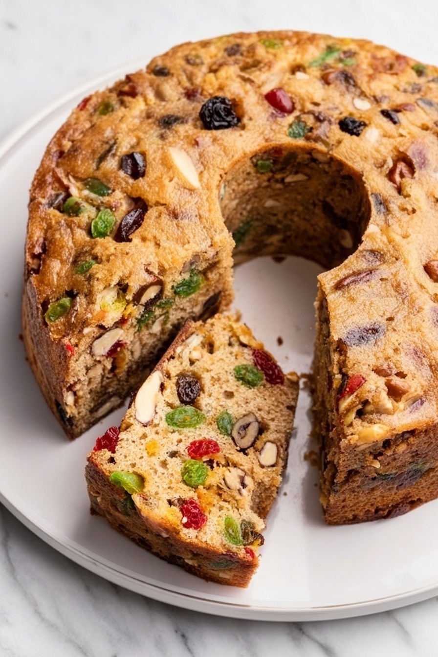Fruit Cake with Candied Fruits and Nuts, candied fruit cake recipe, festive fruit cake, moist fruit cake, holiday nut and fruit cake - The image shows a round fruit cake with a golden brown crust placed on a white plate on a white marbled surface. The cake is thick and studded inside with colorful red, green, and yellow candied fruits and nuts visible throughout its dense texture. Two square slices of the cake are served separately on smaller white plates, showing the same colorful pieces inside. To the left of the plates is a beige cloth with a red stripe and a gold spatula with a white handle resting on it. photo taken with an iphone --ar 2:3 --v 7