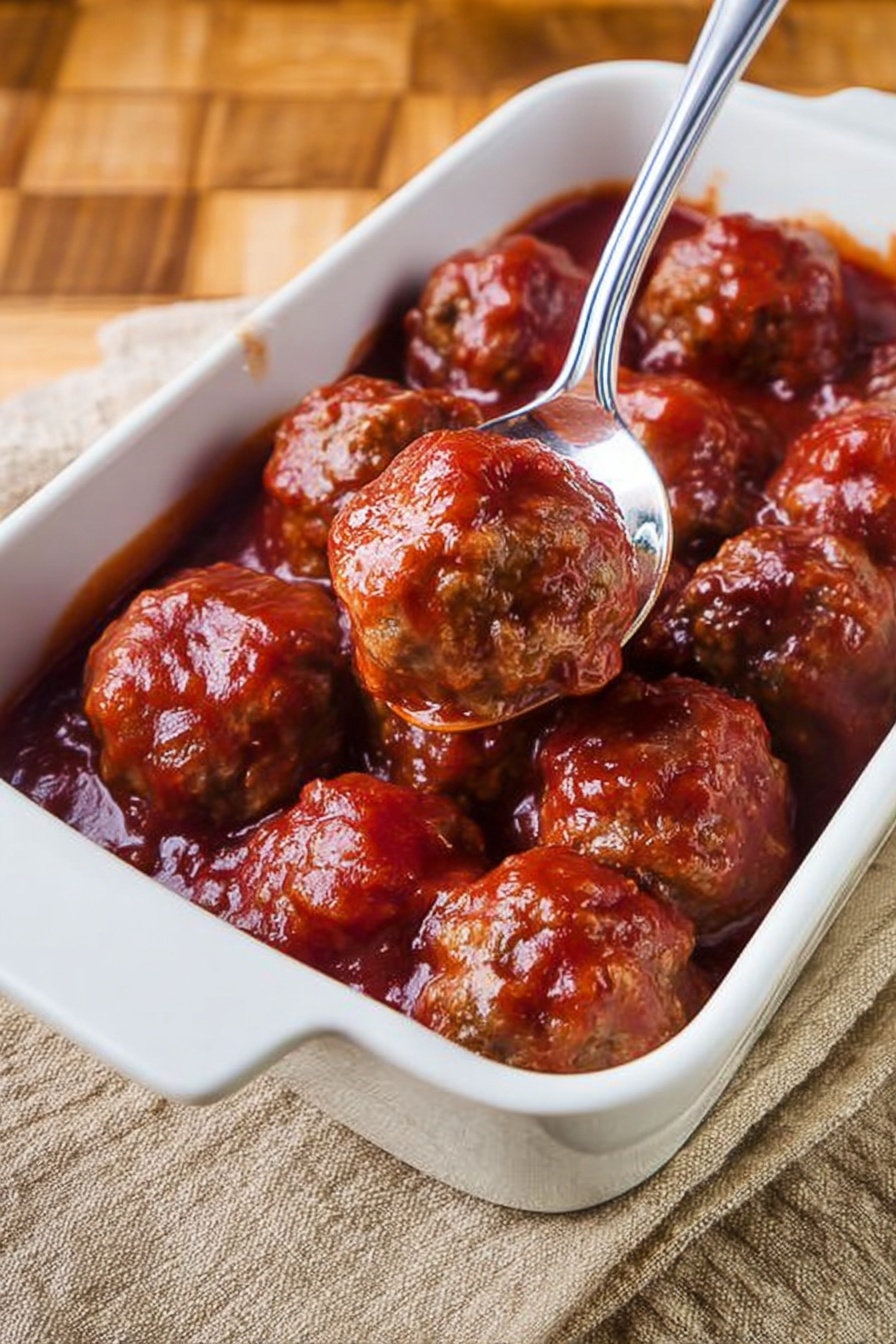 Christmas Cranberry Meatballs, festive holiday meatballs, cranberry meatball appetizer, easy holiday meatballs, sweet and savory meatballs - A white rectangular ceramic dish filled with two layers of shiny brown meatballs covered in a rich red sauce. The meatballs are round and slightly textured, sitting close together in the dish. A large silver spoon rests inside the dish, scooping one meatball, showing the softness and the thick sauce coating it. The dish is placed on a beige woven cloth on top of a wooden surface with a grid pattern. photo taken with an iphone --ar 2:3 --v 7