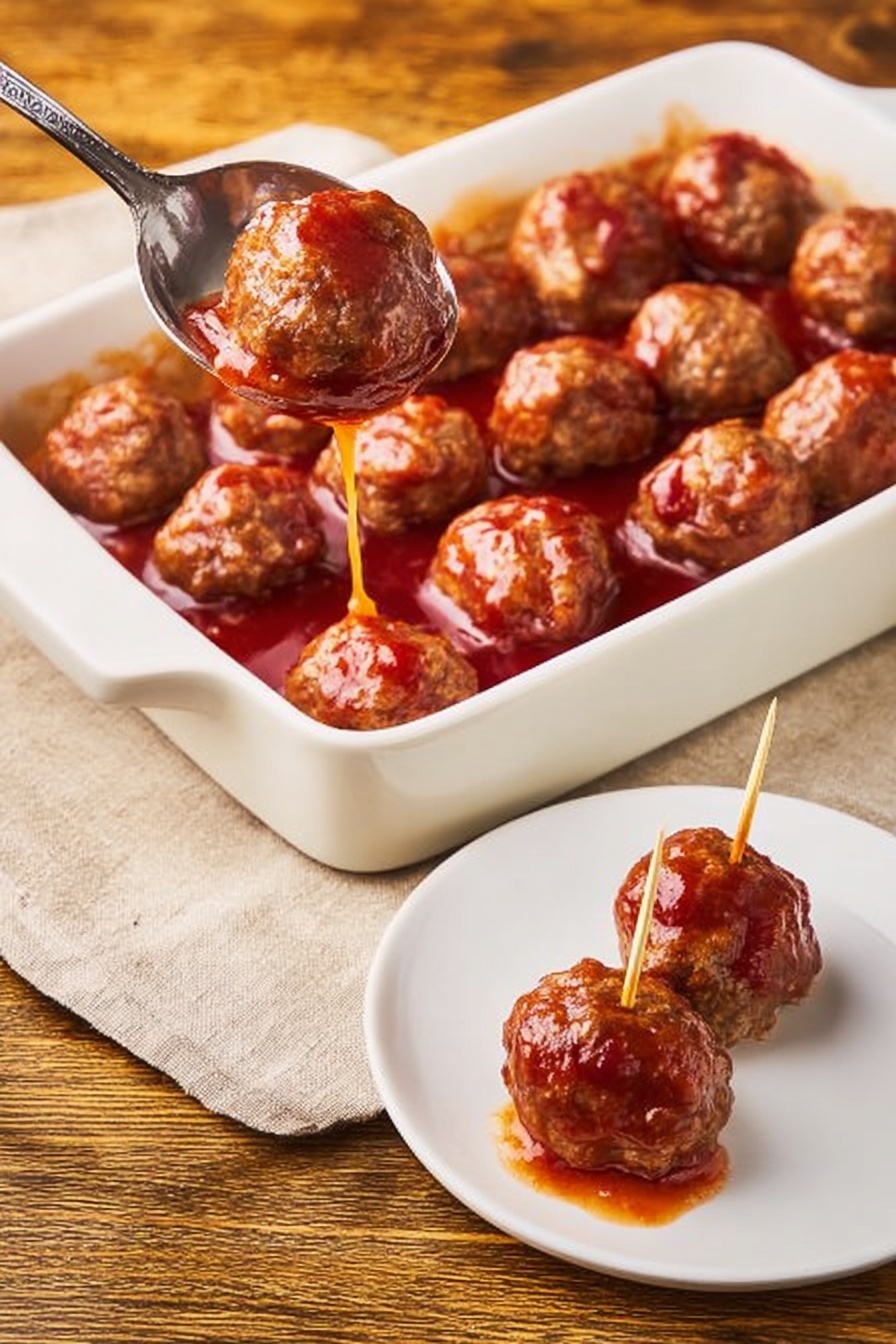 Christmas Cranberry Meatballs, festive holiday meatballs, cranberry meatball appetizer, easy holiday meatballs, sweet and savory meatballs - The image shows a white rectangular baking dish filled with about a dozen round meatballs covered in a shiny reddish-brown sauce. A metal spoon is lifting one meatball from the dish, with sauce dripping off. To the right, on a small white plate, there are two meatballs, each covered in the same sauce, and one is pierced with a toothpick. The background is a wooden textured surface with a beige cloth napkin partly under the baking dish. photo taken with an iphone --ar 2:3 --v 7