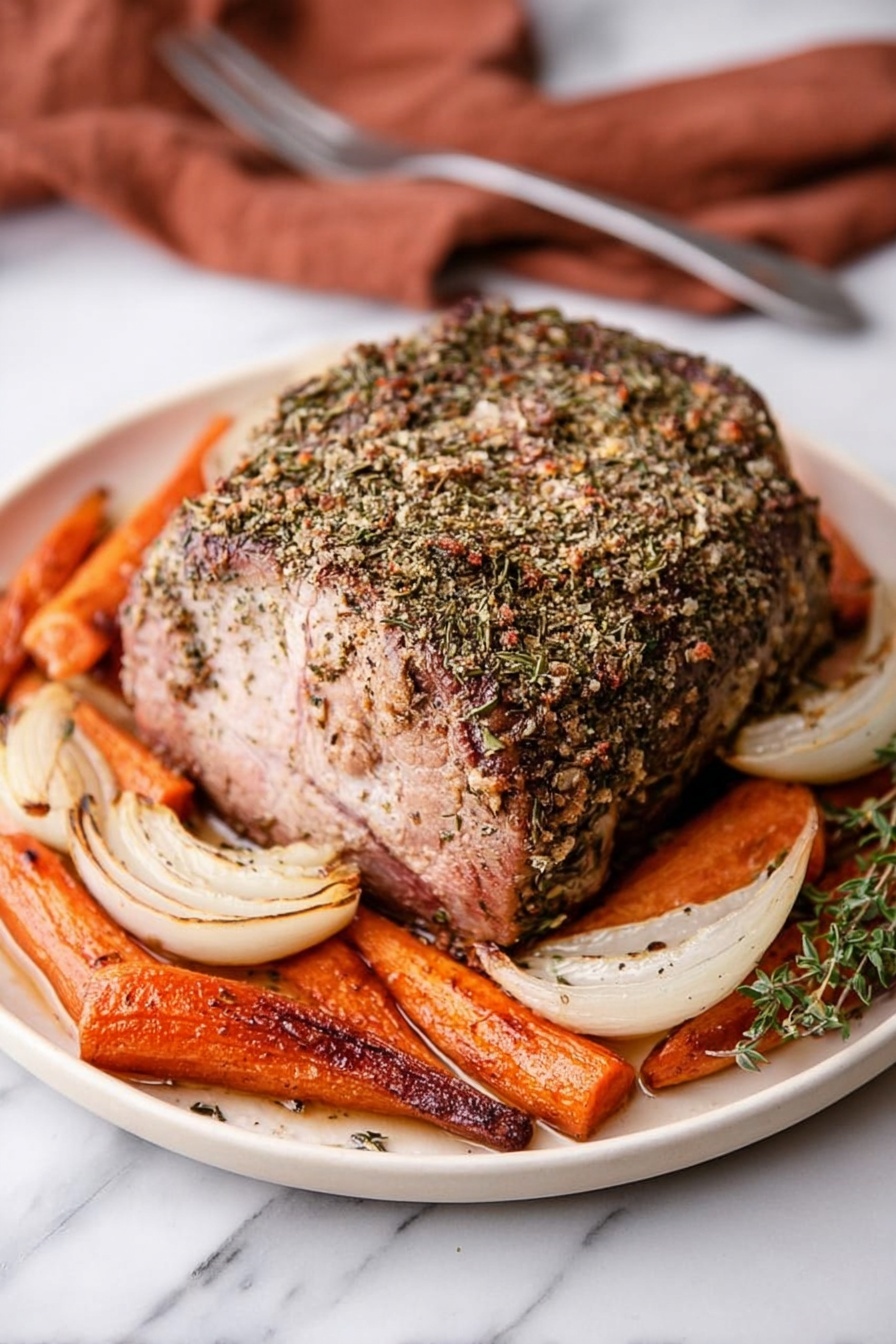 Garlic Herb Italian Pork Loin Roast, Italian pork roast with herbs and garlic, easy pork loin dinner recipes, flavorful oven-roasted pork, comforting pork roast recipe - A thick, round piece of cooked meat covered with a dry herb crust sits in the center of a white plate. Around the meat are roasted vegetables, including orange carrots with a shiny, soft texture and slightly browned white onion slices curled at the edges. The plate rests on a white marbled surface, and a brown cloth with a silver fork is placed in the background. The overall look is warm and rustic with earthy tones. Photo taken with an iphone --ar 2:3 --v 7