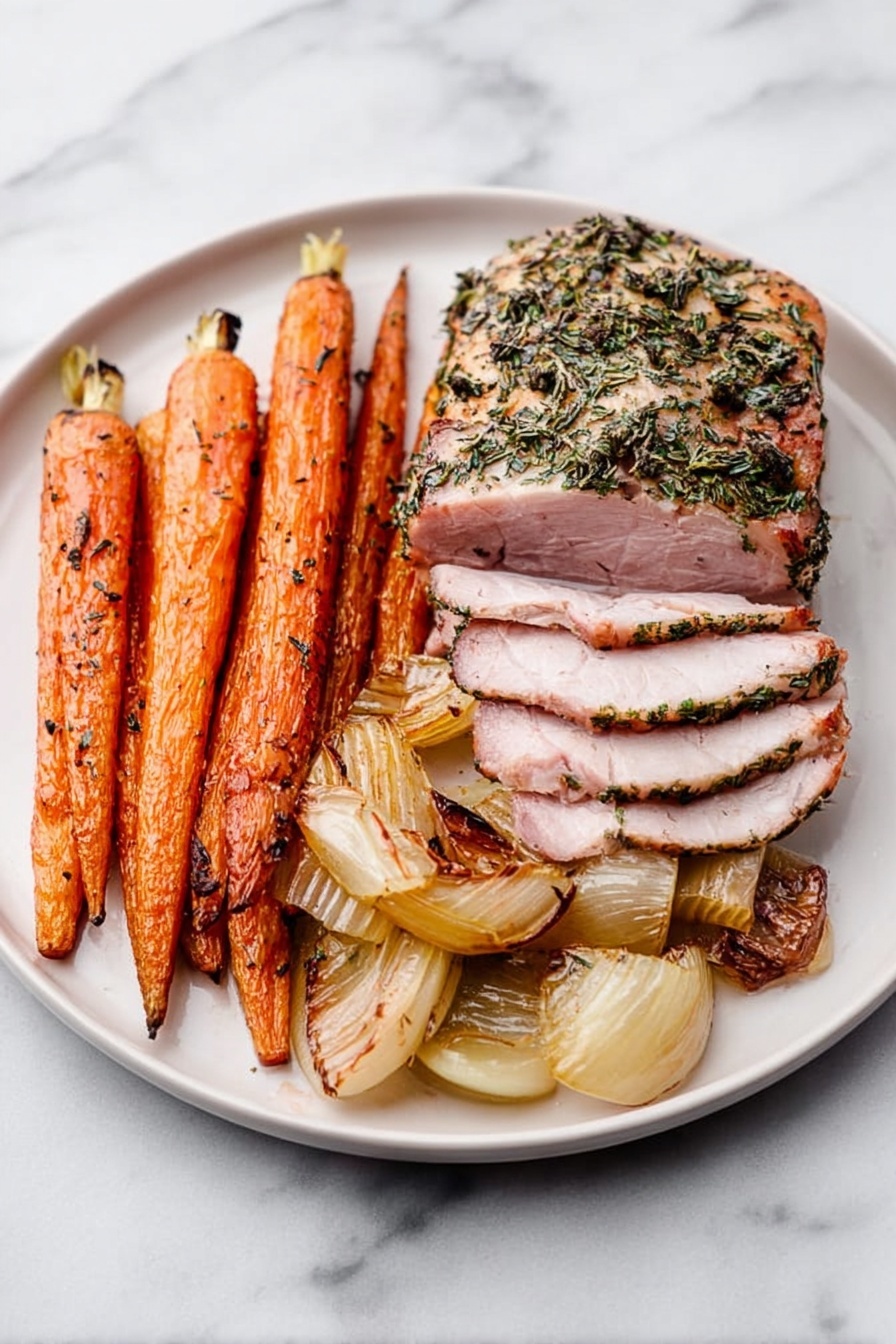 Garlic Herb Italian Pork Loin Roast, Italian pork roast with herbs and garlic, easy pork loin dinner recipes, flavorful oven-roasted pork, comforting pork roast recipe - A white plate on a white marbled surface holds a simple arrangement of food with three layers: the first layer is a row of orange roasted carrots on the left and right sides, showing some charring and slight wrinkles, the second layer is a few pieces of roasted light brown onion in the bottom right corner, and the third layer in the middle is several slices of thick, pale pink roasted meat covered with herbs on the outer edges, arranged in a slightly overlapping line from left to right. photo taken with an iphone --ar 2:3 --v 7