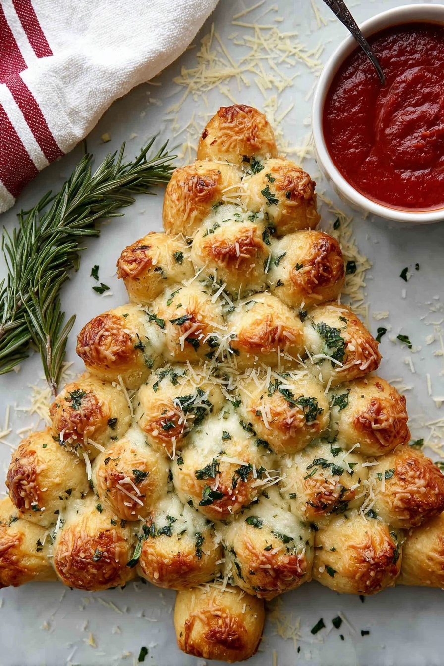 Cheesy Christmas Tree Bread, Christmas pull-apart bread, festive cheesy bread, holiday bread recipes, easy Christmas bread ideas - The image shows a Christmas tree-shaped pull-apart bread made of small golden brown dough balls. Each dough ball is topped with melted cheese and chopped green herbs, giving a mix of light yellow, white, and green colors on the surface. The dough balls are tightly packed to form the triangular tree shape with a small stem at the bottom. A few grated cheese pieces are scattered over the bread and some green herbs are sprinkled on the white marbled surface underneath. To the top right, there is a white bowl filled with thick red tomato sauce and a spoon nearby with sauce on it. A sprig of fresh rosemary lies to the left of the bread. Part of a white cloth with red stripes is visible in the upper left corner. Photo taken with an iphone --ar 2:3 --v 7