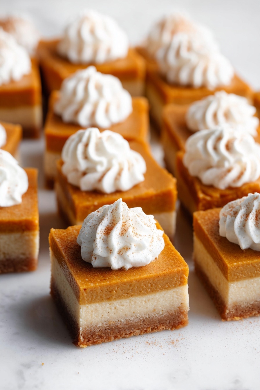 Pumpkin Pie Bars with Shortbread Crust, pumpkin dessert bars, pumpkin shortbread bars, easy pumpkin pie bars recipe, holiday pumpkin dessert - The image shows small square layered pumpkin dessert bars arranged closely on a white marbled surface. Each bar has three clear layers from bottom to top: a light brown crust base, a pale creamy middle layer, and a thick orange pumpkin layer on top. A swirl of white whipped cream sits in the center of each bar, slightly raised with soft ridges, and is lightly dusted with a small amount of brown spice. The lighting is soft and bright, making the colors of the dessert warm and inviting. photo taken with an iphone --ar 2:3 --v 7