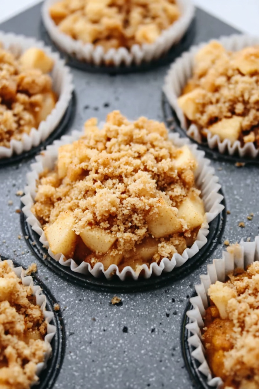 Apple Crisp Cheesecake Miniatures, fall-inspired cheesecake bites, apple dessert recipes, mini cheesecake with apple topping, easy fall dessert ideas - The image shows a close-up of several small muffin cups filled with a diced apple mixture that looks soft and cooked, topped with a crumbly golden-brown streusel layer. Each muffin cup is lined with white paper and placed in a dark muffin tin, resting on a white marbled surface. The crumb topping looks crunchy and uneven, with some larger chunks scattered on top. The diced apples beneath are a warm light brown color with soft edges, giving a cozy baked look. Photo taken with an iphone --ar 2:3 --v 7