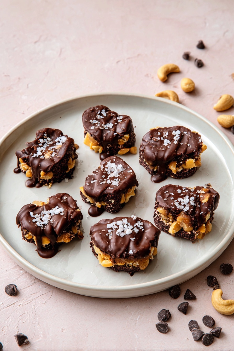 Chocolate Peanut Butter Dates, healthy date snacks, easy sweet treats, chocolate peanut butter bites, Medjool date recipes - There are seven pieces of small snacks on a round white plate. Each piece has three layers: a base layer of dark brown dried fruit, a middle layer of chopped light yellow nuts, and a top layer of melted dark brown chocolate drizzled unevenly. Some sea salt flakes are sprinkled on top of the chocolate. Around the plate, some nuts and dark chocolate chips are scattered lightly. The plate is placed on a light pink surface with a white marbled texture photo taken with an iphone --ar 2:3 --v 7