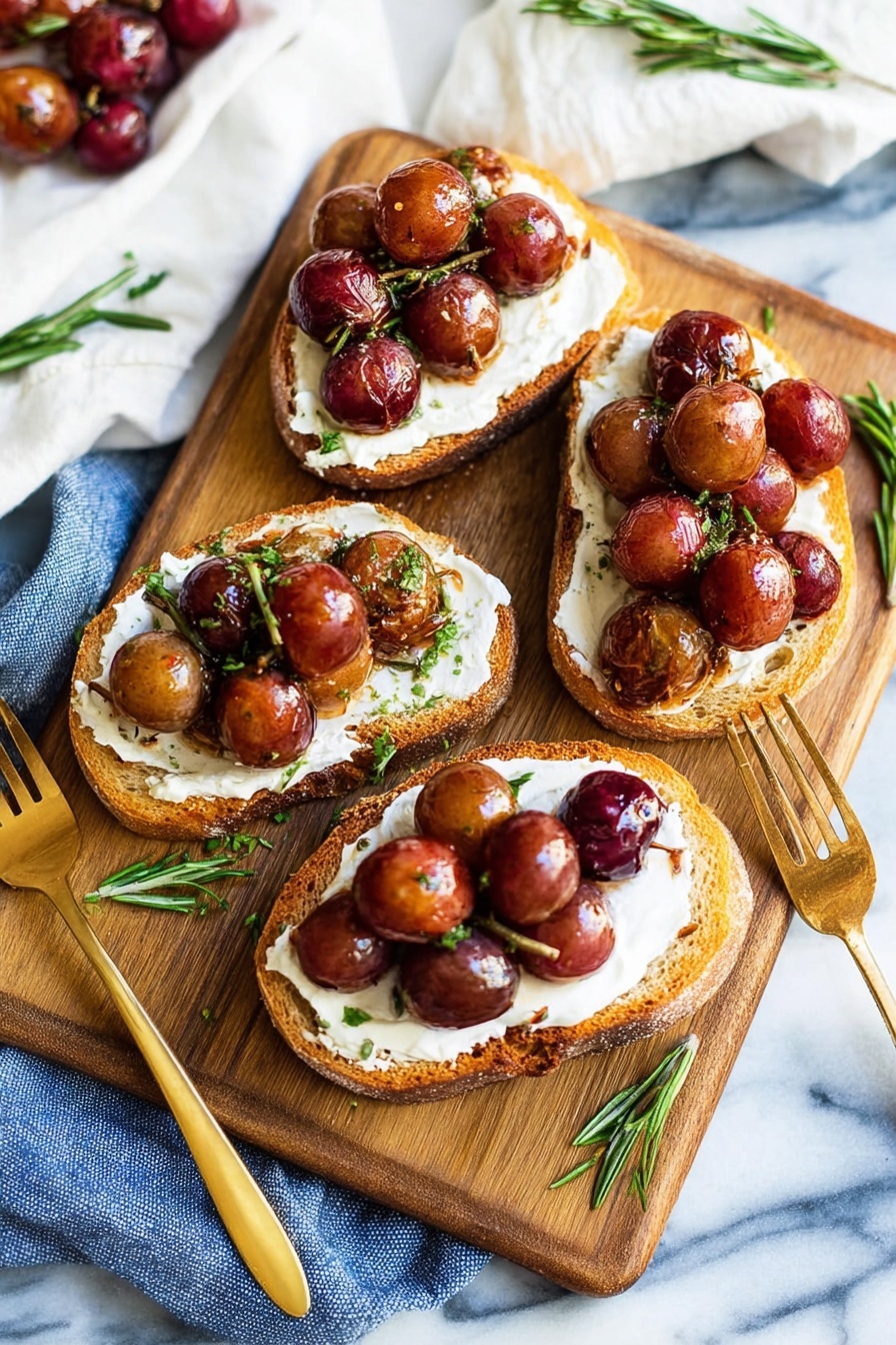 Balsamic Roasted Grapes with Whipped Feta, roasted grape appetizers, easy fruit appetizer, elegant brushed grapes, sweet and savory snacks - Three slices of rustic brown bread lie on a wooden board, each topped with a smooth white cream layer spread thickly. On top of the cream, there are clusters of shiny roasted grapes in colors of deep red and brown, giving a glossy look. Small sprigs of green rosemary are scattered over the grapes and around the bread slices on the board. A golden fork rests to the side on the board. The board is set on a white marbled surface with a white cloth and a blue cloth underneath. Photo taken with an iphone --ar 2:3 --v 7
