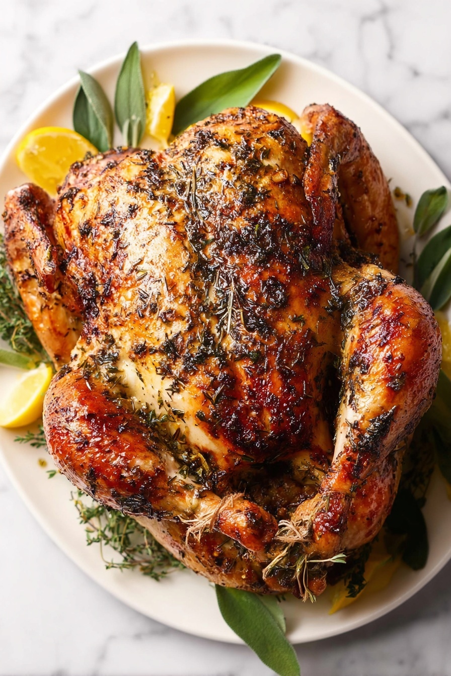 Herb Butter Roasted Turkey, Herb Butter Turkey, Juicy Roast Turkey, Homemade Turkey Recipe, Flavorful Thanksgiving Turkey - A whole roasted chicken is placed on a white plate, with its golden-brown skin covered in dark herbs and spices. The chicken is positioned with its legs tied together at the top side and wings tucked close to the body. Around the chicken, bright green herb leaves and small yellow lemon slices create a fresh border along the edge of the plate. The white plate sits on a smooth white marbled surface, adding a clean backdrop to the rich colors of the roast and garnishes. photo taken with an iphone --ar 2:3 --v 7