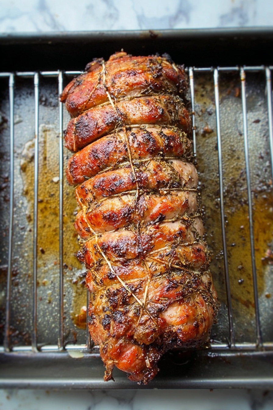 Porchetta Roast with Fennel and Herbs, flavorful porchetta recipe, crispy skin porchetta, herb-infused pork roast, Italian-style roast pork - A roasted rolled meat with a crispy, golden-brown outer layer sits on a metal grilling rack inside a baking tray. The piece is tied tightly with string around it, creating several segments along its length. The surface of the meat is speckled with dark grilled herbs and spices, and the meat’s texture looks slightly charred and juicy. The tray beneath the rack catches drips of juice and browned bits, with a shiny, oily finish. The whole scene is set against a white marbled texture. photo taken with an iphone --ar 2:3 --v 7