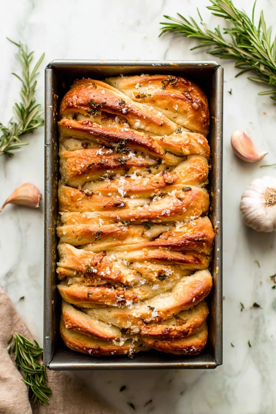 Rosemary Garlic Pull Apart Bread, garlic herb bread, cheesy pull apart bread, homemade bread recipes, savory bread ideas - The image shows a loaf of pull-apart bread in a rectangular metal baking tin placed on a white marbled surface. The bread has multiple layers and folds, each layer golden brown with soft, fluffy inner textures visible between. The top is sprinkled with coarse salt flakes and small pieces of rosemary, giving it a slightly rough texture and a natural, fresh look. Some layers have a slight shine while others show a matte finish with browned edges. Two garlic cloves and a sprig of rosemary are placed nearby, adding to the rustic feel of the scene. Photo taken with an iphone --ar 2:3 --v 7