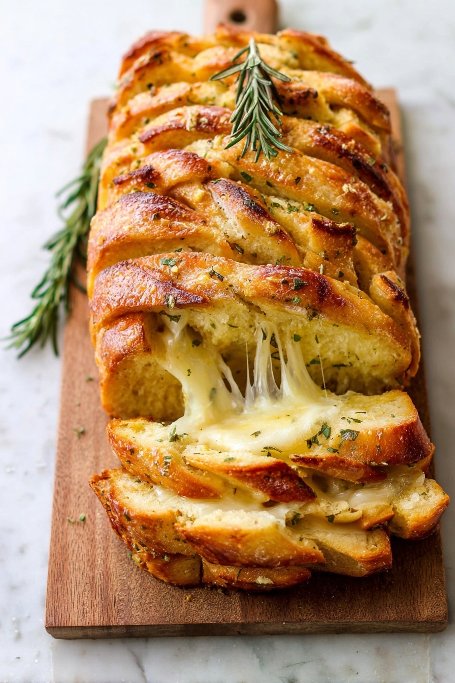 Rosemary Garlic Pull Apart Bread, garlic herb bread, cheesy pull apart bread, homemade bread recipes, savory bread ideas - A loaf of twisted bread with about seven visible layers sits on a wooden board. Each layer has a golden-brown crust on top, with softer pale yellow dough inside showing a fluffy texture. Small sprinkles of white sea salt and thin shavings of cheese are scattered on the bread's surface. Fresh green rosemary sprigs are placed on top and beside the bread for decoration. The wooden board rests on a white marbled surface. Photo taken with an iphone --ar 2:3 --v 7