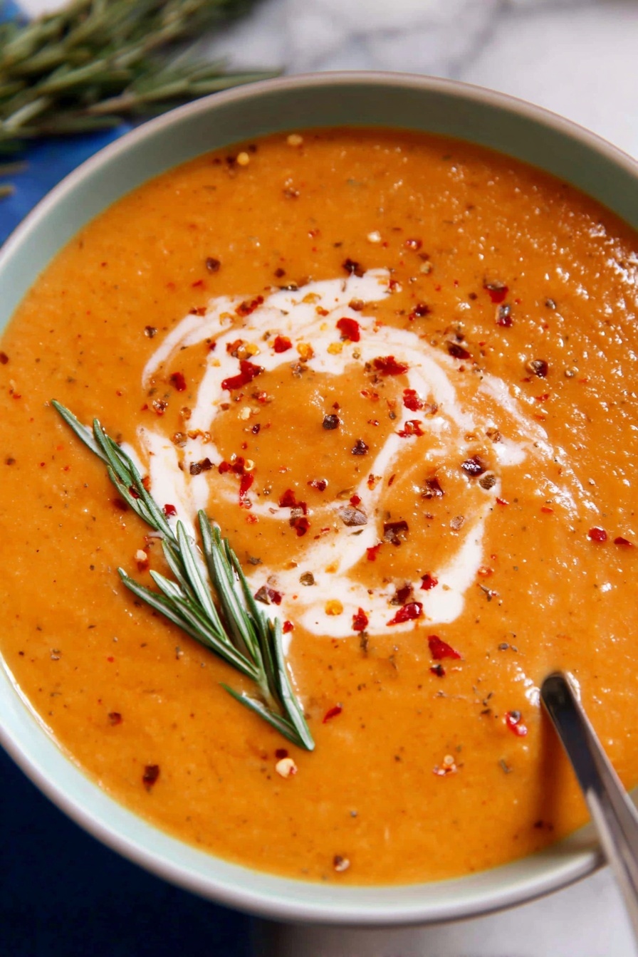Creamy Roasted Vegetable Soup, roasted vegetable soup, comforting vegetable soup, easy vegetable soup, healthy creamy soup - The image shows a bowl filled with thick orange soup that has a smooth, creamy texture. The soup is garnished with a swirl of white cream on top, and sprinkled with small red chili flakes. Two green sprigs of rosemary lay on one side, adding a fresh, natural touch. The soup is served in a white bowl that sits on a white marbled surface, and a spoon with some soup on it rests at the edge of the bowl. photo taken with an iphone --ar 2:3 --v 7