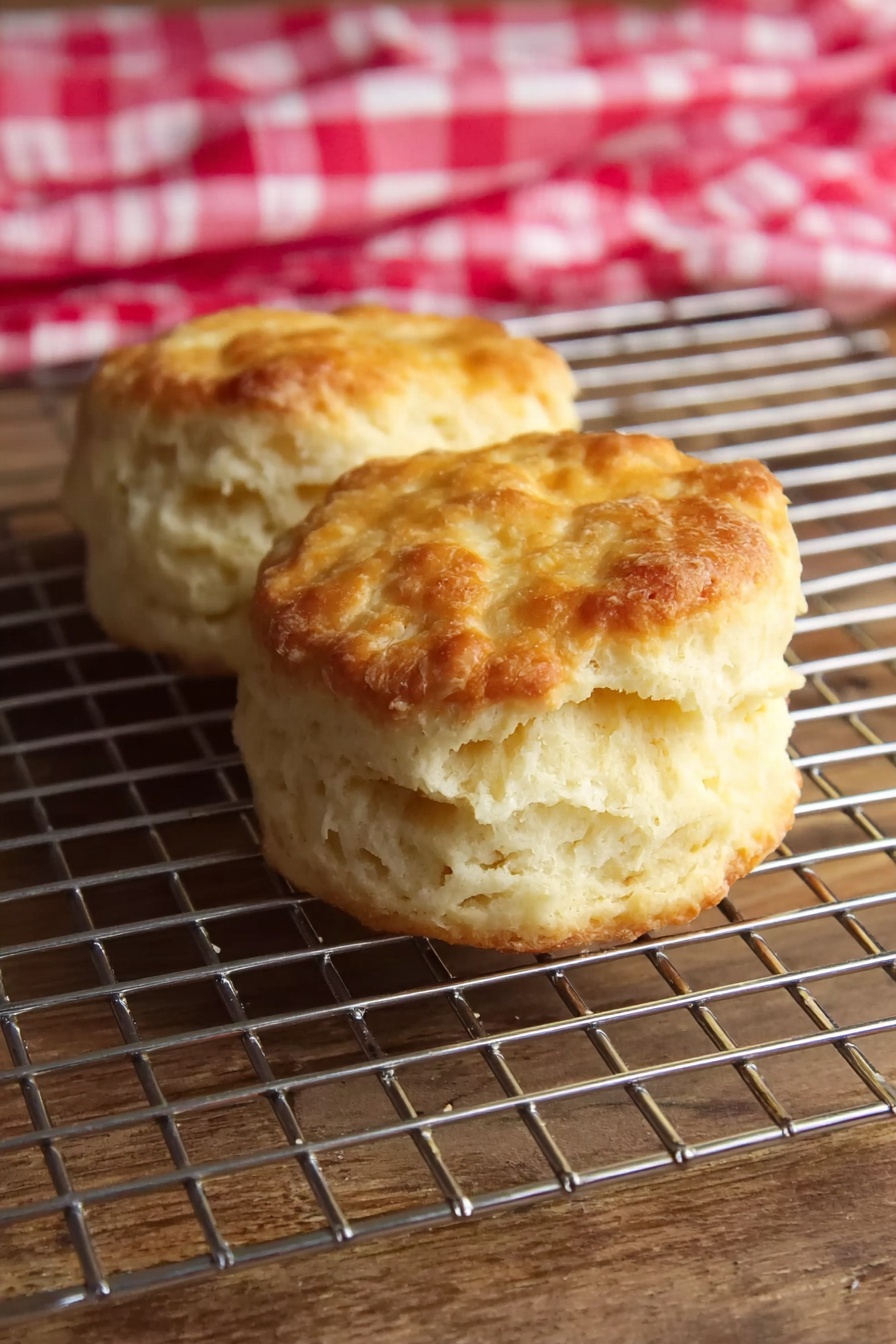 Homemade Angel Biscuits, fluffy homemade biscuits, buttery biscuit recipe, layered biscuit recipe, easy breakfast biscuits - Two biscuits with a golden brown top and a soft, fluffy light yellow inside sit on a silver cooling rack. The cooling rack rests on a wooden surface, with a red and white checkered cloth blurred in the background. The biscuits are round with slightly uneven edges, showing a delicate, crumbly texture. photo taken with an iphone --ar 2:3 --v 7
