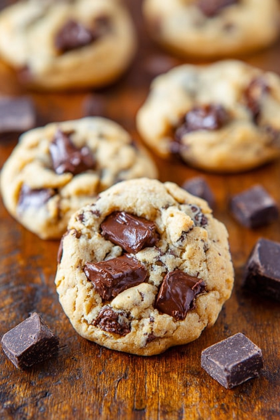 Cream Cheese Chocolate Chip Cookies, best cream cheese cookie recipe, soft chewy chocolate chip cookies, luxurious cream cheese cookies, homemade chocolate chip cookies - The image shows several chocolate chip cookies resting on a wooden surface. The cookies are light golden brown and have a rough, soft texture with uneven edges. Each cookie has many dark brown chocolate chunks scattered on top and embedded inside, giving a rich contrast to the dough. Around the cookies, there are a few loose chocolate pieces placed randomly on the wood. The background is blurred, focusing clearly on the cookies in the front. Photo taken with an iphone --ar 2:3 --v 7