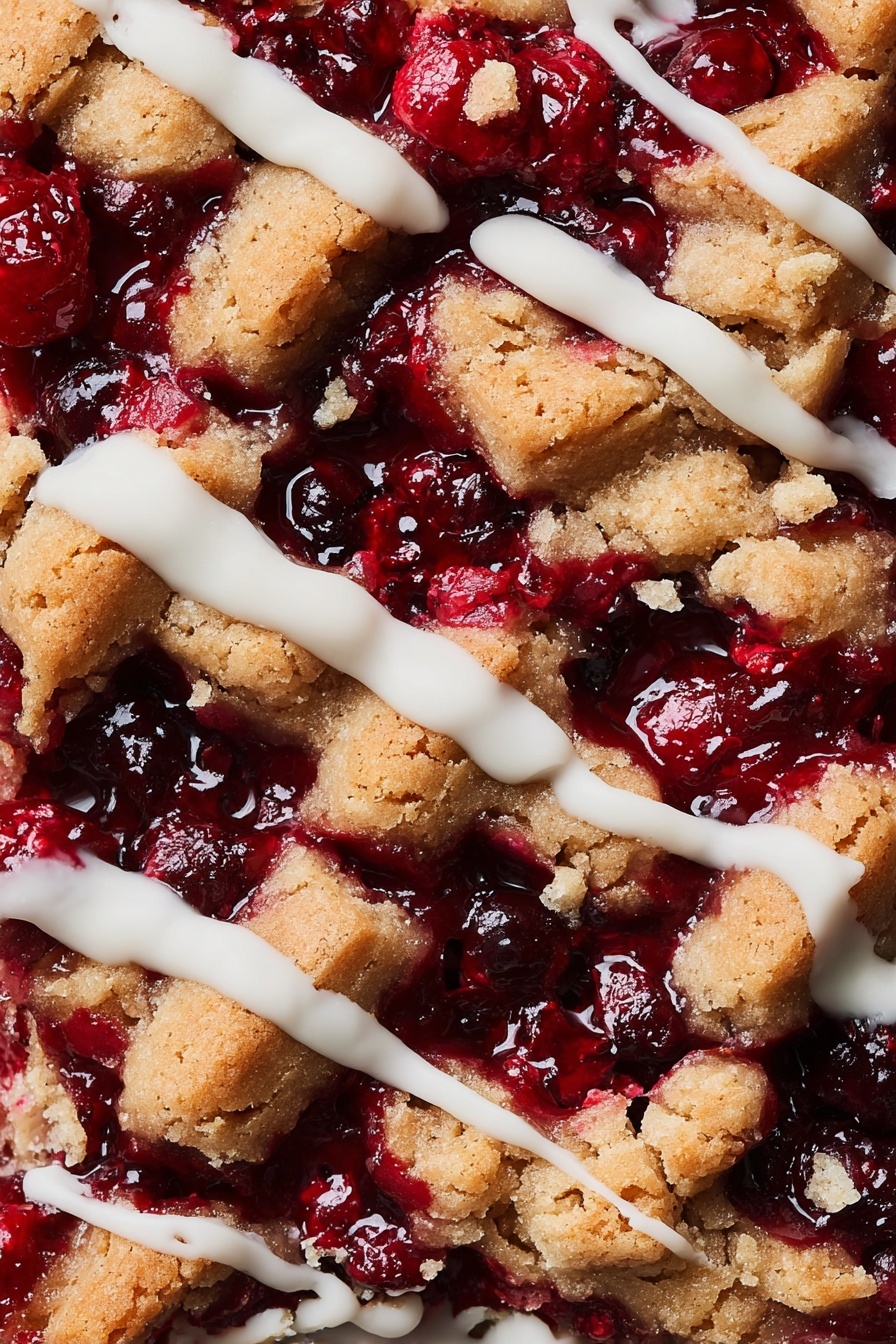 Cranberry Crumble Bars with Shortbread, cranberry crumble bars, shortbread bar dessert, cranberry tart bars, easy holiday fruit bars - The image shows a close-up view of a dessert made of three main layers: the base layer is bright red berry filling with whole and broken pieces of berries, giving it a juicy and shiny texture; scattered on top are thick, rough chunks of golden-brown baked dough creating a lattice effect with uneven edges and crumbly surface; white icing is drizzled across the top in thin, smooth lines that contrast with the rough dough and glossy berries. The whole scene is on a white marbled texture background. photo taken with an iphone --ar 2:3 --v 7