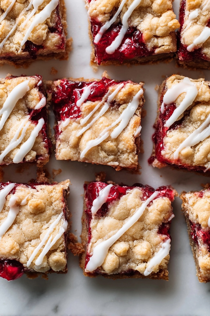 Cranberry Crumble Bars with Shortbread, cranberry crumble bars, shortbread bar dessert, cranberry tart bars, easy holiday fruit bars - The image shows a close-up of nine square-shaped dessert bars arranged in a grid on a white marbled surface. Each bar has two main layers: a golden-brown crumbly top with a rough texture, and a bright red fruit filling underneath that appears juicy and slightly glossy with visible whole berries. There are white icing drizzle lines scattered unevenly on top of the crumbly layer, adding contrast to the warm golden and red colors. The edges of the bars show the rich fruit filling oozing out just a little, and the bars look soft and thick, with clear separations between each square. photo taken with an iphone --ar 2:3 --v 7