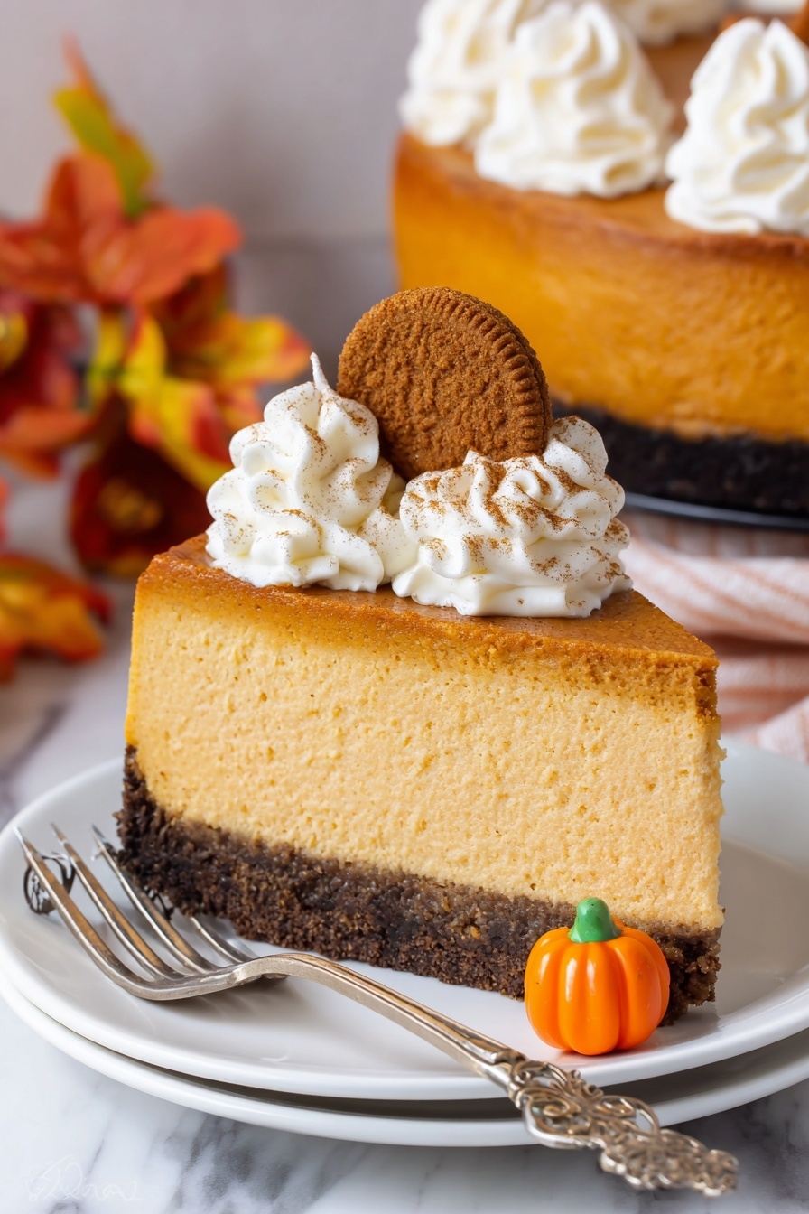 Pumpkin Cheesecake with Gingersnap Crust, pumpkin cheesecake recipe, fall dessert recipes, spiced pumpkin cheesecake, no-bake pumpkin cheesecake - A slice of pumpkin cheesecake with three visible layers: a thick dark brown crust at the bottom with a rough texture, a large light orange creamy pumpkin filling in the middle, and two swirls of white whipped cream on top sprinkled with cinnamon. A small round brown cookie is placed vertically between the whipped cream swirls, and a small bright orange candy shaped like a pumpkin sits at the base of the slice. The cheesecake slice is on a white plate with an ornate silver fork resting on its right side, all set on a white marbled surface with soft autumn decorations in the background. Photo taken with an iphone --ar 2:3 --v 7