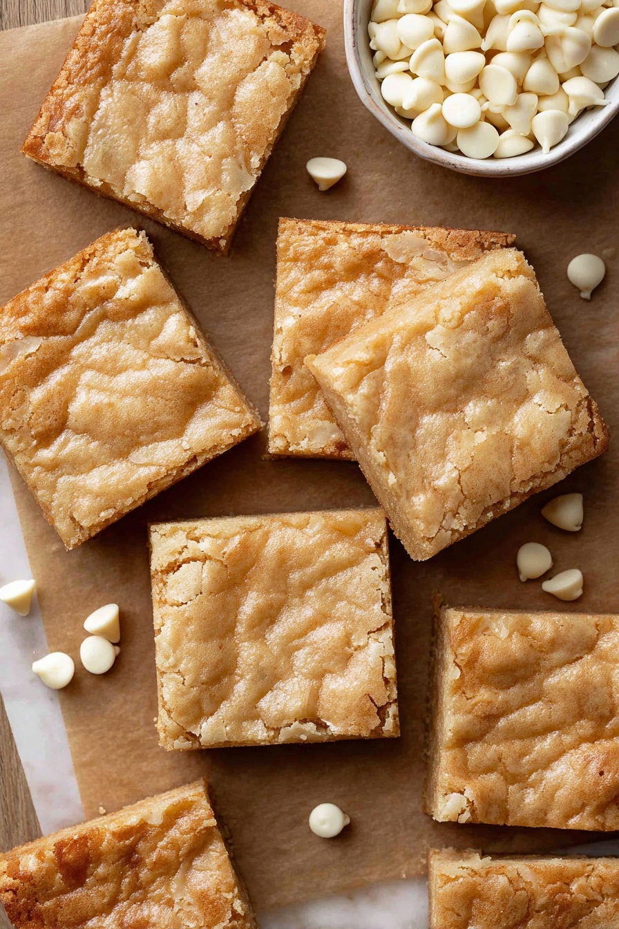 White Chocolate Brownie, white chocolate brownie recipe, creamy white chocolate brownies, easy white chocolate dessert, rich white chocolate treats - The image shows several square blondie bars arranged closely on brown parchment paper placed on a white marbled surface. Each blondie has a light golden-brown crust with a cracked, almost shiny top that gives a slightly wrinkled texture. The edges of the bars are a bit darker, showing a firmer and crisp look. Scattered around the blondies are some white chocolate chips, with a small white bowl filled with more of the chips in the upper right section of the image. The overall tone is warm and inviting with a clear focus on the smooth, cracked texture of the blondie tops. photo taken with an iphone --ar 2:3 --v 7