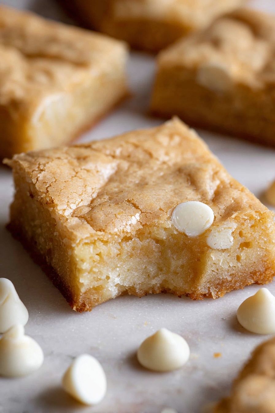 White Chocolate Brownie, white chocolate brownie recipe, creamy white chocolate brownies, easy white chocolate dessert, rich white chocolate treats - A close-up shows a square blondie bar with a golden-brown, cracked top layer and a soft, moist light yellow bottom layer. The blondie has a small bite taken out of one corner, exposing its dense interior texture. Around the blondie are smooth, creamy white chocolate chips scattered on a white marbled surface. The background shows parts of other similar blondies out of focus, creating a warm, homemade feel. photo taken with an iphone --ar 2:3 --v 7
