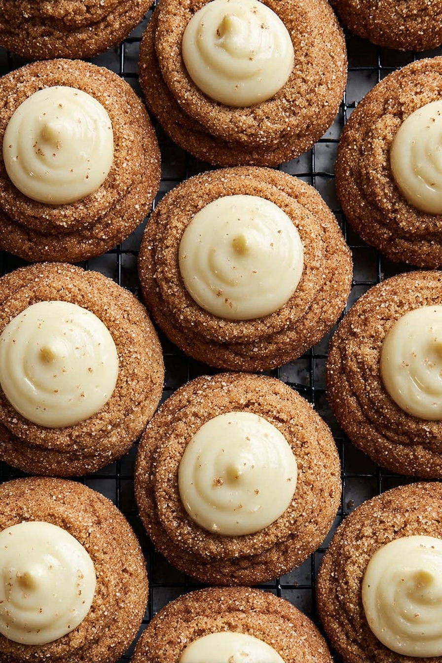 Eggnog Snickerdoodle Thumbprint Cookies, holiday cookie recipes, eggnog desserts, white chocolate holiday treats, Christmas cookie ideas - The image shows many round cookies arranged closely on a black cooling rack with a grid pattern. Each cookie has two layers: the bottom layer is a light brown cookie with a rough, crumbly texture and a dusting of cinnamon or spice, while the top layer is a small dollop of smooth, white cream placed in the center of each cookie. The cookies appear soft and slightly thick, with the cream layer slightly glossy and smooth. The white marbled texture is visible in the background beyond the cooling rack. photo taken with an iphone --ar 2:3 --v 7