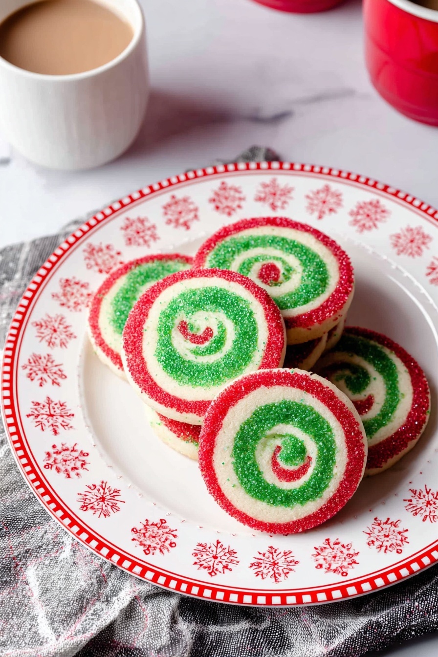 Festive Pinwheel Cookies, holiday swirl cookies, Christmas cookie recipes, easy holiday cookies, buttery pinwheel cookies - The image shows a stack of round spiral cookies on a white plate with red snowflake patterns and a red rim with dots and lines. The cookies have three colored layers forming a swirl: a green inner spiral, a white middle layer, and a red outer edge. The edges of the cookies are sprinkled with tiny colored sugar bits. The plate is placed on a white marbled surface, with part of a gray and white cloth visible underneath. To the top left of the plate, there is a white cup with a light brown drink inside, and to the top right, a red cup is partially visible. photo taken with an iphone --ar 2:3 --v 7
