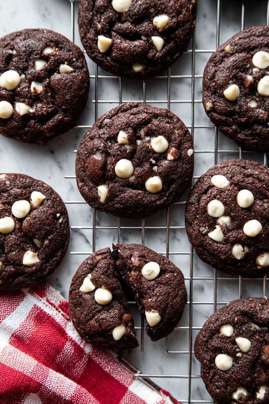 Inside Out Chocolate Chip Cookies, chocolate chip cookies recipe, fudgy chocolate cookies, white chocolate cookies, unique cookie recipes - Dark brown round chocolate cookies with white chocolate chips scattered on top and inside, some cookies are whole and some broken, placed on a silver wire rack on a white marbled surface. A red and white checkered cloth is partially visible under one side of the rack. The cookies have a slightly rough texture, with some white chips melting into the dark dough. Photo taken with an iphone --ar 2:3 --v 7