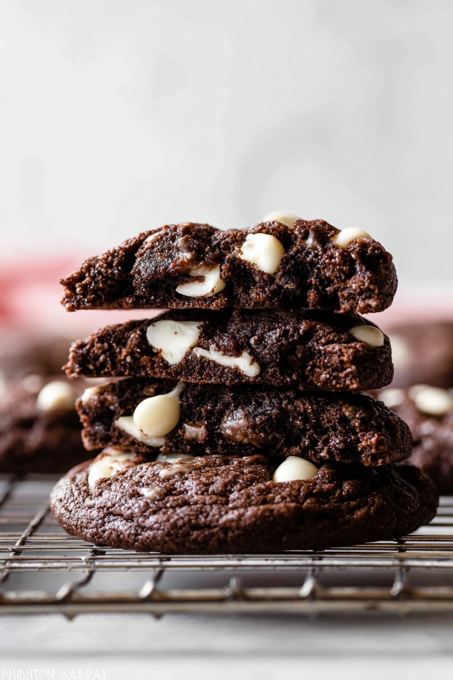 Inside Out Chocolate Chip Cookies, chocolate chip cookies recipe, fudgy chocolate cookies, white chocolate cookies, unique cookie recipes - The image shows a stack of three dark chocolate cookies with white chocolate chips. The bottom cookie lies flat on a metal cooling rack, with a soft and slightly bumpy texture. On top are two cookie halves stacked unevenly, showing a moist inside with white chocolate chips embedded inside and on the surface. The background is a smooth white marbled texture, which highlights the deep brown color of the cookies and the bright white of the chips. Photo taken with an iphone --ar 2:3 --v 7