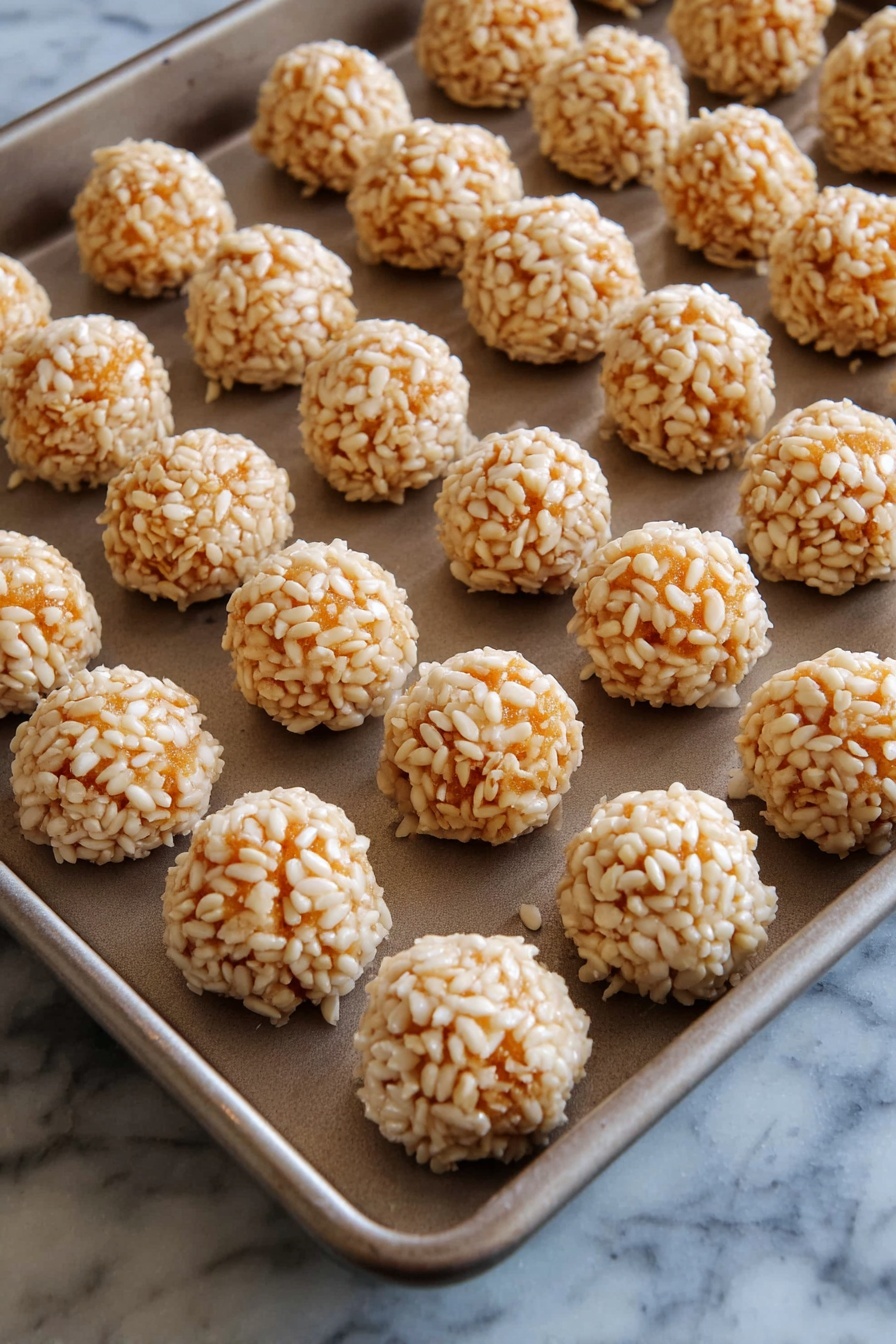 Marshmallow Caramel Rice Krispies Puffs, marshmallow caramel rice krispie treats, easy caramel rice krispie snack, homemade rice krispies with caramel, chewy caramel rice krispie bars - There is a metal baking tray filled with small round balls arranged in neat rows. Each ball has a smooth, orange base layer covered with a rough texture layer of puffed rice all around it. The tray sits on a white marbled surface, and the lighting highlights the crunchy texture of the puffed rice coating the balls. Photo taken with an iphone --ar 2:3 --v 7