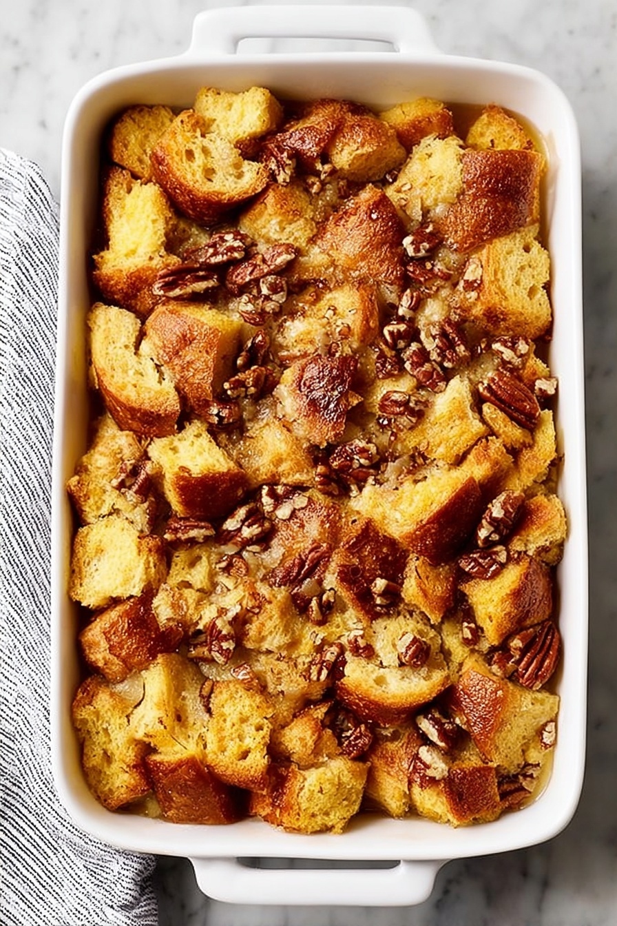 Easy French Toast Casserole, French Toast Casserole, Breakfast Casserole Recipe, Make-Ahead Breakfast, Crowd-Pleasing Brunch Dish - A white rectangular baking dish filled with a bread pudding made of uneven, golden-brown bread pieces as the top layer, with some pieces showing a crisp texture and others soft. Scattered throughout are small bits of pecans adding a nutty brown contrast on top. The dish rests on a white marbled surface with a striped cloth partially visible on the left side. The overall look is warm and inviting, showing a mix of crunchy and soft textures in a single-layer baked dish photo taken with an iphone --ar 2:3 --v 7