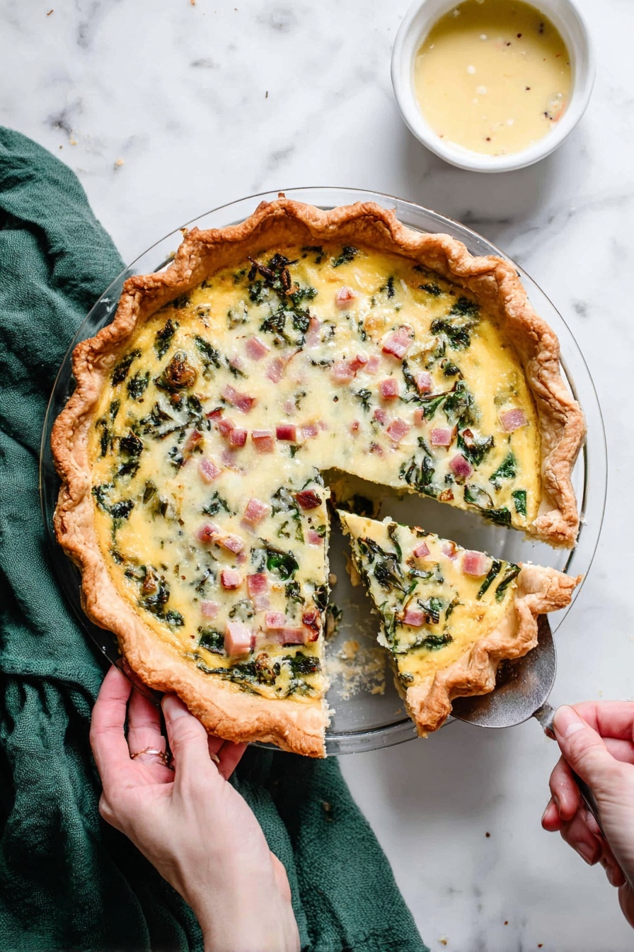 Cheese and Egg Quiche, easy quiche recipe, brunch breakfast dish, savory egg tart, customizable quiche - A round pie with a thick golden brown crust holds a creamy egg mixture filled with green leafy vegetables and small cubes of pink ham, topped with melted white cheese and lightly browned spots. One slice is being lifted out with a silver spatula held by a woman's hand on the right, while another woman's hand holds the pie dish handle on the left. The pie sits on a white marbled surface with a green cloth partially visible at the top left and a small white bowl of light yellow sauce at the top right. Photo taken with an iphone --ar 2:3 --v 7