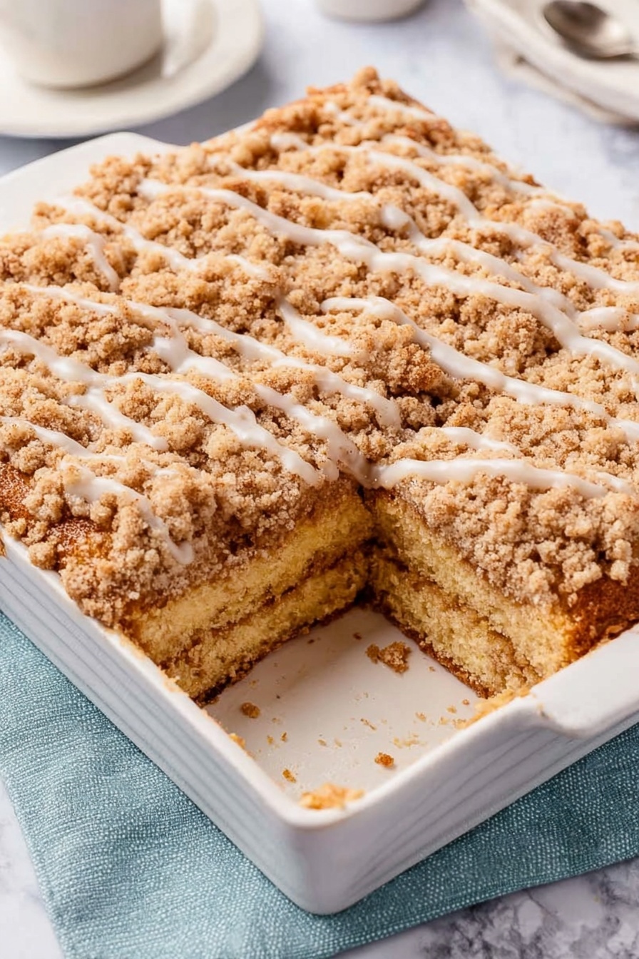 Sour Cream Coffee Cake with Streusel, best coffee cake recipes, moist coffee cake, easy streusel coffee cake, comforting breakfast cake - The image shows a white square baking dish with a crumb cake inside. The cake has two layers of soft light brown cake with a thick layer of crumb topping and a drizzle of white icing on top. The crumb topping is coarse and golden brown, covering the whole surface of the cake. One piece of the cake is missing, revealing the layers inside. The dish is placed on a white marbled surface with a pale blue cloth on the side. Photo taken with an iphone --ar 2:3 --v 7
