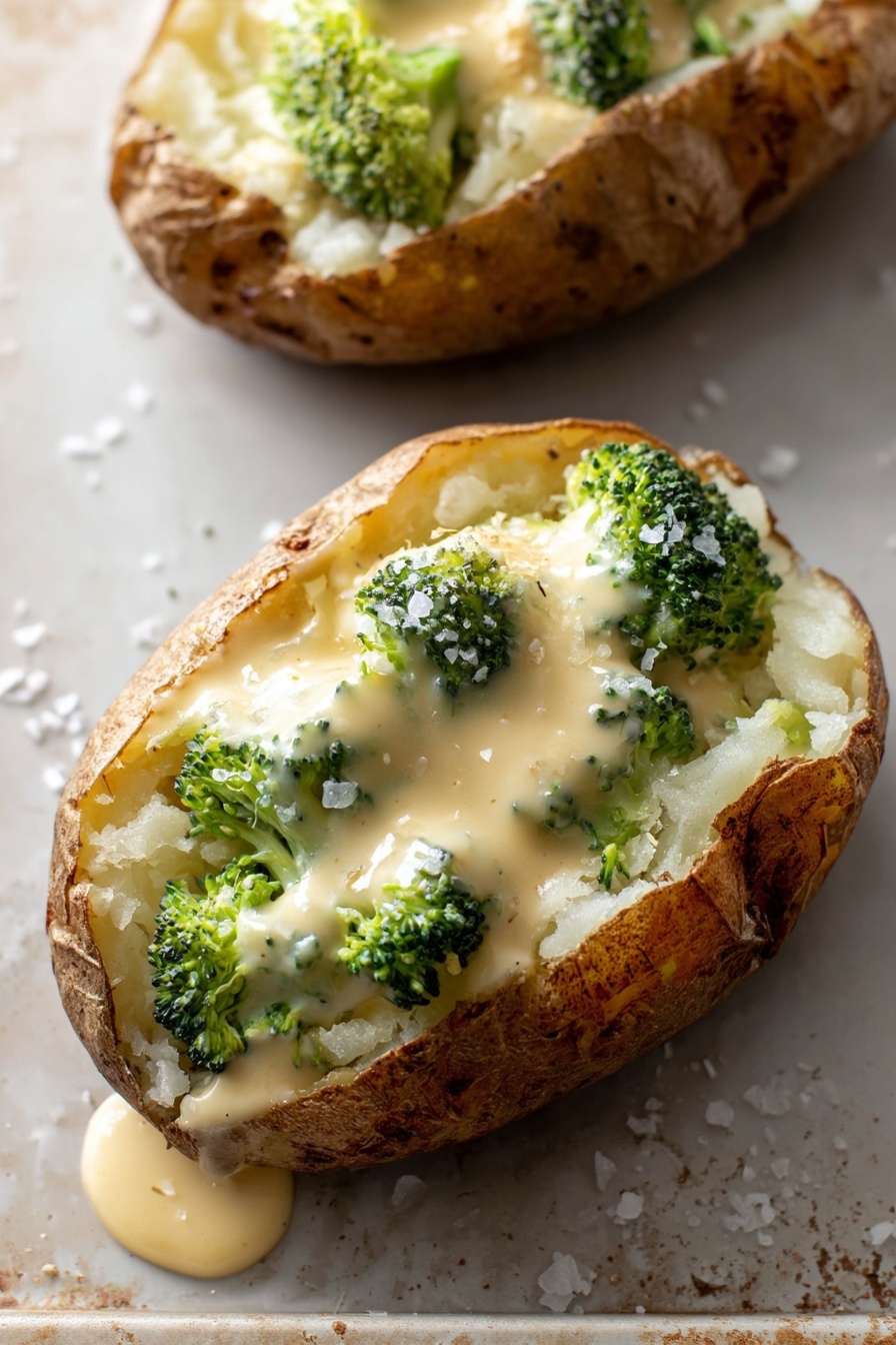 Cheesy Broccoli Stuffed Baked Potatoes, baked potato with broccoli and cheese, cheesy stuffed potato recipes, broccoli stuffed baked potatoes, easy cheesy potato dish - Two baked potato halves with rough brown skin and fluffy white insides sit on a white marbled textured surface. Each potato is topped with a creamy, light yellow cheese sauce mixed with small bright green broccoli florets, some sauce dripping over the edge. Coarse salt crystals are scattered around the potatoes, adding texture. The close-up view highlights the soft, crumbly texture of the potato and the smooth, rich sauce. photo taken with an iphone --ar 2:3 --v 7