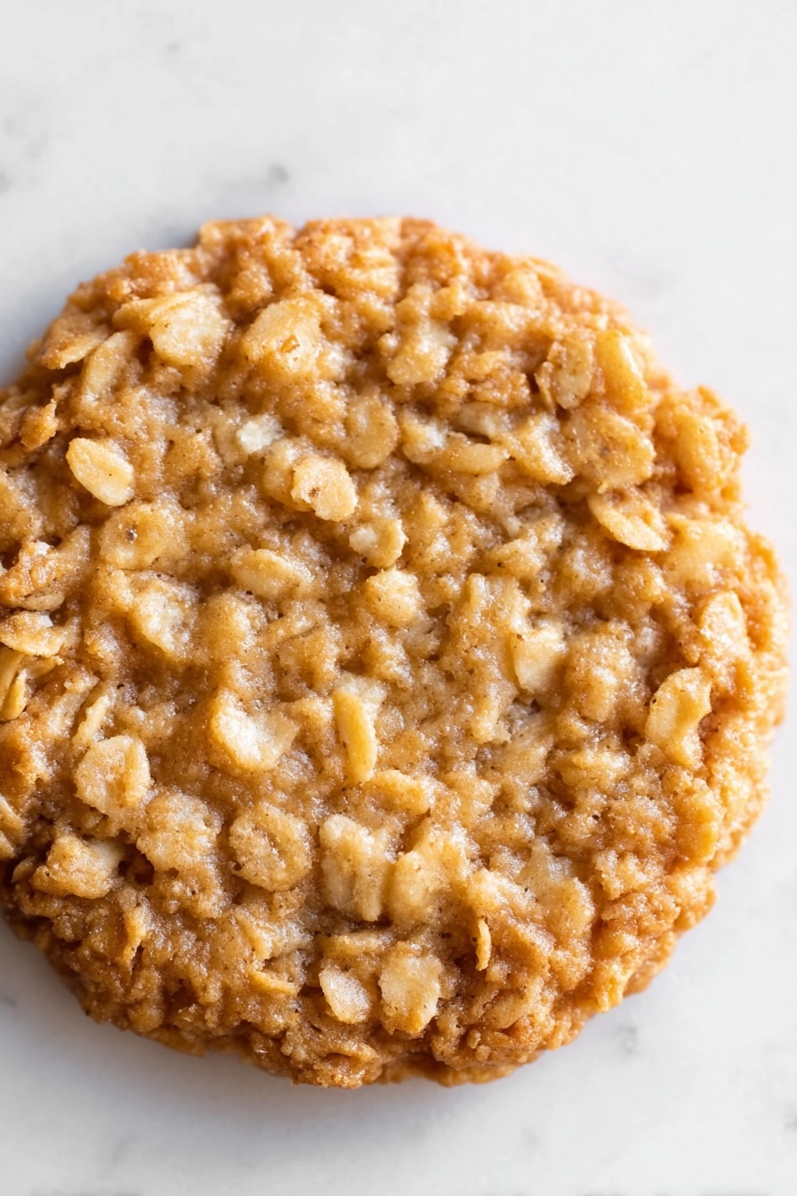 Delicious Lace Cookies, lace cookies recipe, crispy lace cookies, caramel lace cookies, nutty lace cookies - The image shows a close-up view of a single oatmeal cookie. The cookie is round and thick with an uneven surface made of baked oats. Its color is a warm golden brown with lighter patches of oat flakes throughout, giving it a rough texture. The cookie sits flat on a white marbled surface, and the edges are slightly raised and crispy-looking. There are no other objects or decorations in the frame, focusing all attention on the detailed texture of the oatmeal cookie. photo taken with an iphone --ar 2:3 --v 7