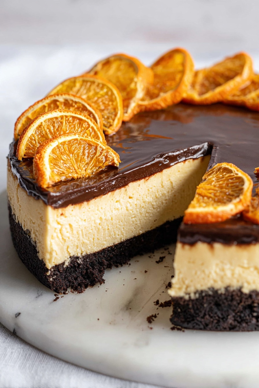 Chocolate Orange Cheesecake, chocolate orange dessert, citrus cheesecake recipe, easy holiday cheesecake, creamy fruit cheesecake - The image shows a three-layer cheesecake on a white marbled surface with a slice removed. The bottom layer is a dark brown, crumbly crust, the middle layer is a thick, creamy light yellow cheesecake, and the top layer is a smooth, glossy dark chocolate glaze. On top of the chocolate layer, there are evenly spaced, upright dried orange slices with bright orange color and textured skins, arranged around the edge of the cheesecake. The white marbled surface underneath contrasts gently with the rich colors of the cake. photo taken with an iphone --ar 2:3 --v 7