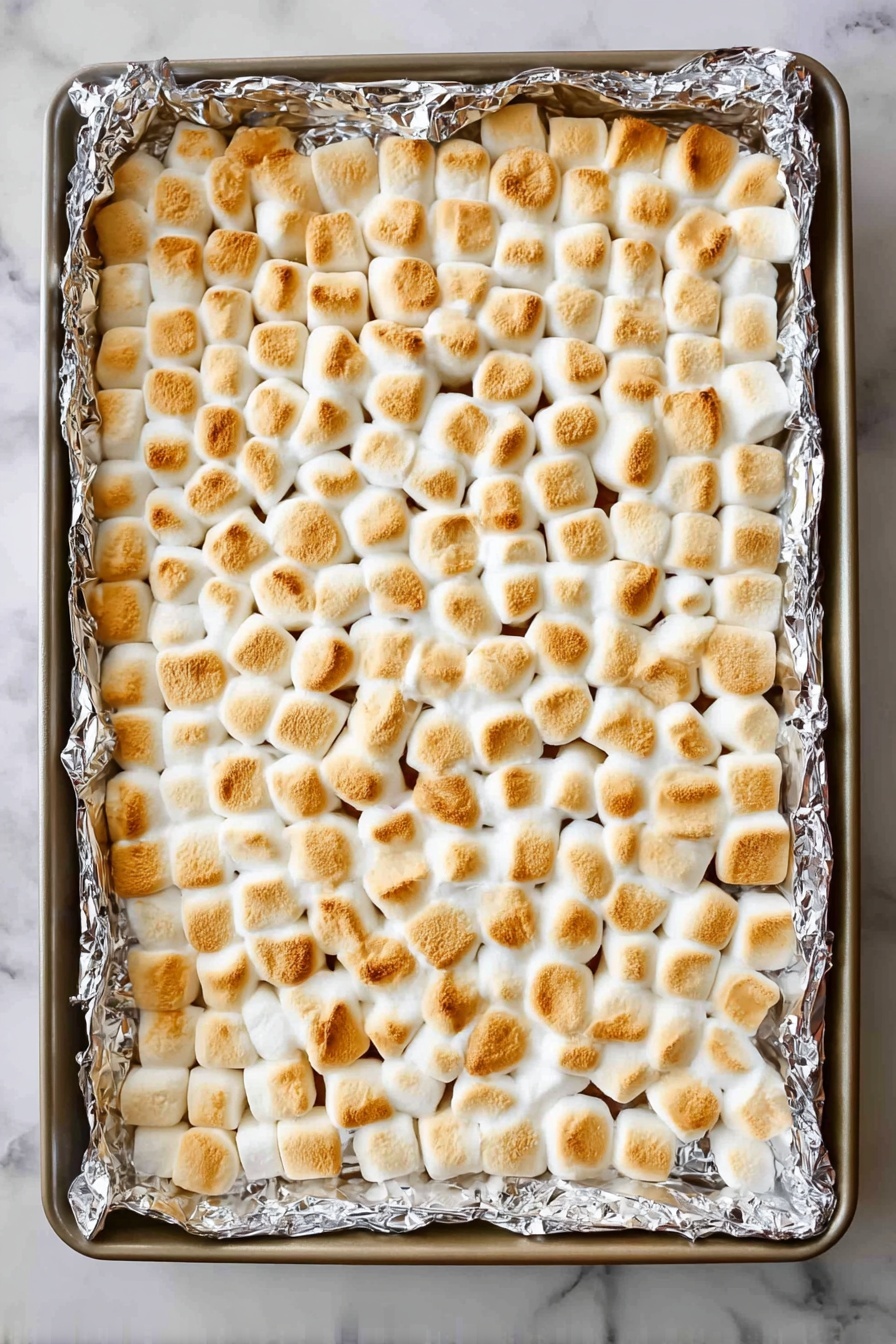 Delicious S'more Bars, s'more bars, campfire dessert, marshmallow chocolate bars, easy s'mores recipe - A large rectangular baking tray lined with shiny foil holds a layer of toasted mini marshmallows. The marshmallows are golden brown on top with some parts slightly darker, showing a toasted texture through their soft puffed forms. They cover the entire tray evenly in rows, creating a mosaic of small, round shapes with slightly caramelized spots. The tray sits on a white marbled surface. photo taken with an iphone --ar 2:3 --v 7