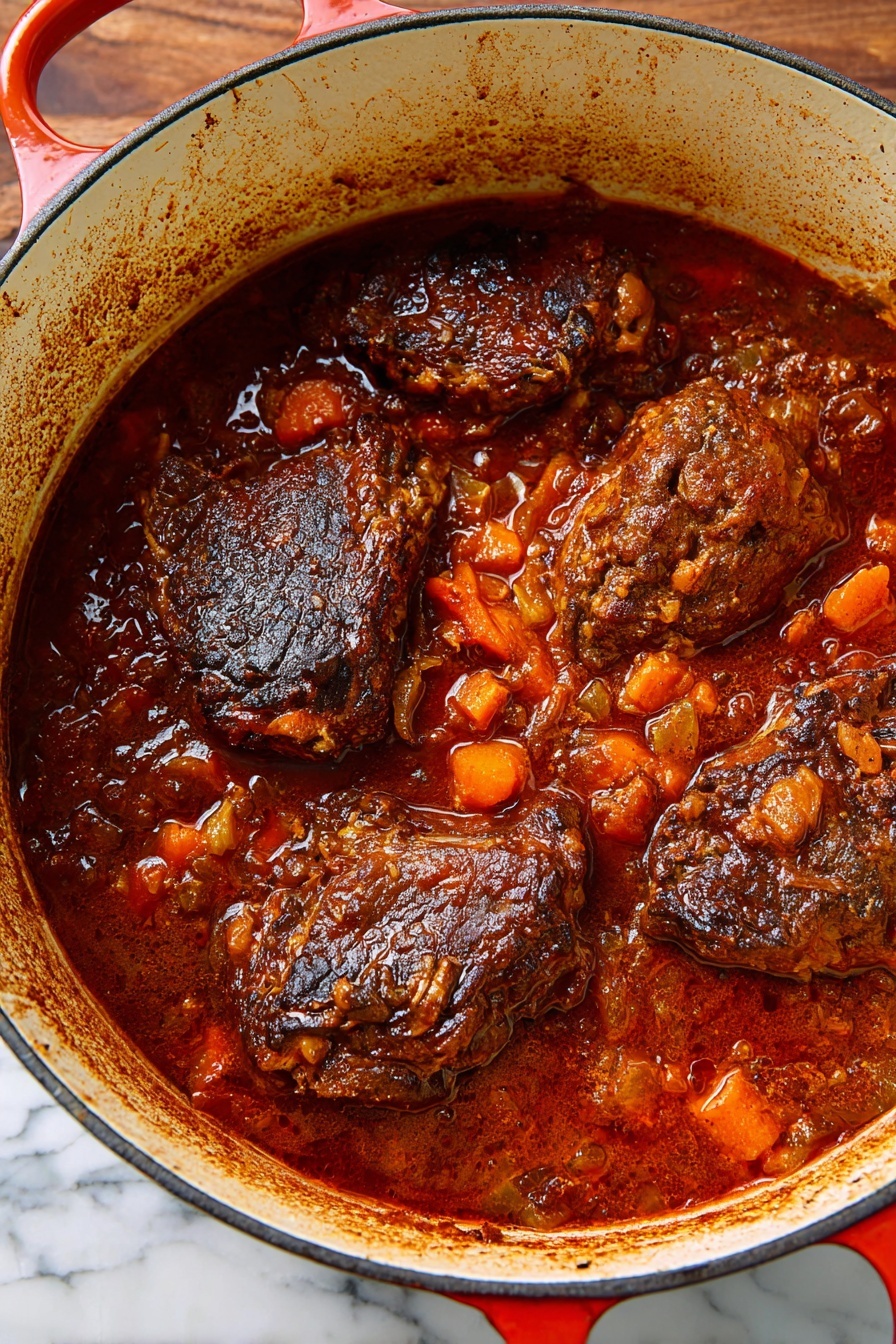 Italian Pot Roast, Italian Pot Roast recipe, slow cooker Italian beef, flavorful Italian pot roast, hearty Italian dinner - The image shows a large white pot filled with a rich, dark brown stew with four large pieces of browned, cooked meat sitting on top, surrounded by a thick red sauce mixed with small chunks of orange carrots and lighter-colored vegetables. The inside walls of the pot have some sauce stains, and the pot handles are red. The scene is set on a white marbled surface. Photo taken with an iphone --ar 2:3 --v 7