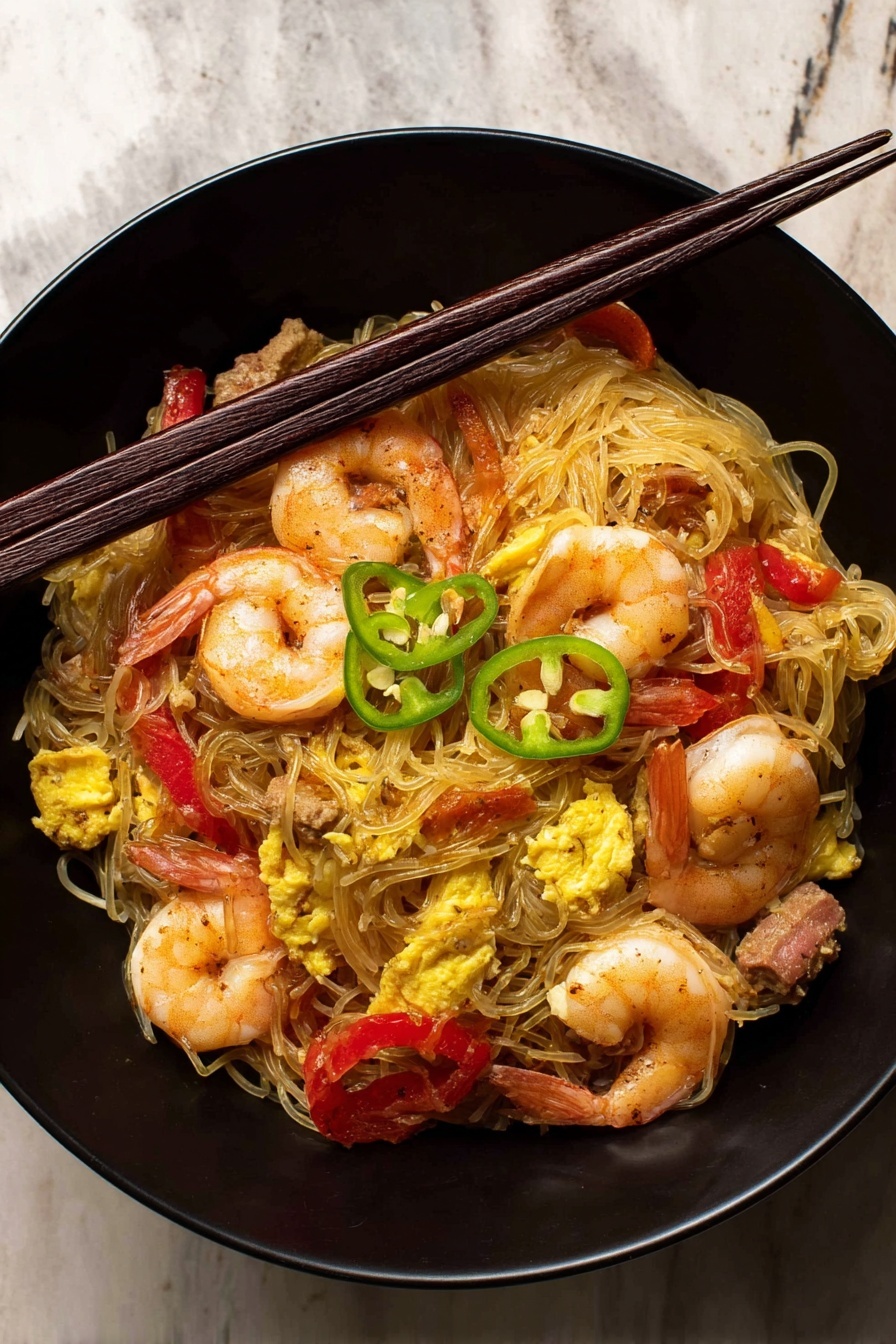 Singapore Noodles with Shrimp and Curry, quick Asian noodle dish, spicy shrimp stir-fry, easy curry noodle recipe, flavorful seafood noodle dish - The image shows a black bowl filled with a noodle dish. The bottom layer is thin, light brown noodles loosely piled. On top, there are several whole cooked shrimp with a slightly pink and orange color. Mixed in are bright red strips of bell pepper and pieces of yellow scrambled egg. There are small chunks of brown meat scattered through the dish. Thin slices of green chili peppers are placed on the top, adding a fresh color contrast. A pair of dark brown chopsticks rest across the bowl on the top edge. The bowl is set on a surface with a white marbled texture. photo taken with an iphone --ar 2:3 --v 7