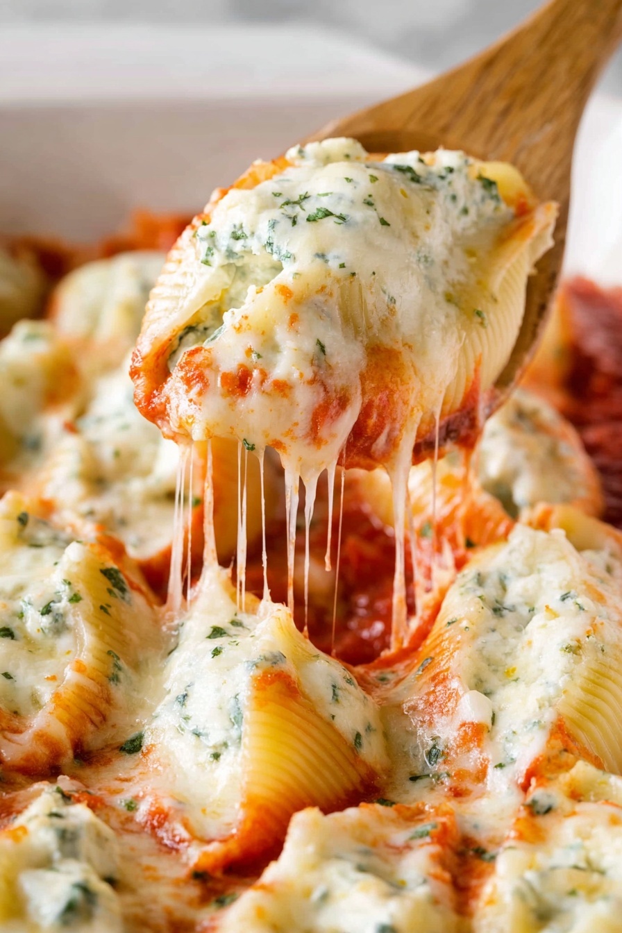 Cheesy Chicken Stuffed Shells, stuffed shell pasta, cheesy chicken dinner, baked stuffed shells, easy Italian stuffed shells - The image shows a tray full of stuffed pasta shells arranged tightly side by side on a white marbled surface. Each pasta shell is pale yellow and filled with creamy white cheese inside. Over the shells is a layer of red tomato sauce, topped by melted white cheese that flows smoothly over the shells. Small green pieces of herbs are sprinkled evenly across the whole dish, adding small green dots on the cheese and sauce. The texture of the melted cheese is soft and shiny, and the tomato sauce appears slightly chunky. photo taken with an iphone --ar 2:3 --v 7