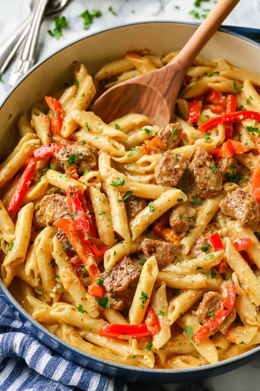 Creamy Cajun Chicken Pasta, Cajun Chicken Pasta, creamy pasta recipes, easy Cajun chicken dishes, weeknight pasta meals - A white pan filled with pasta dish showing three main layers: the first layer is pale yellow penne pasta with a smooth texture, mixed evenly throughout; the second layer includes chunks of brown cooked meat scattered on top of the pasta; the third layer consists of thin red and orange bell pepper strips mixed throughout the dish; small green parsley leaves are sprinkled across the surface for garnish, and a wooden spoon is partially digging into the dish from the top left side. The pan sits on a white marbled surface with a blue and white striped cloth partly underneath, and a silver fork is placed next to the cloth. photo taken with an iphone --ar 2:3 --v 7