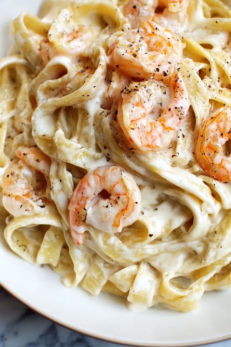 Shrimp Alfredo Pasta, creamy shrimp pasta, easy seafood pasta, quick Shrimp Alfredo, cheesy shrimp pasta - The image shows a close-up of creamy shrimp pasta with thick, flat noodles mixed in a white cream sauce. The noodles are smooth and light yellow, tangled together with several plump, pink shrimp placed on top and within the pasta. The shrimp have a light, slightly translucent texture with some orange highlights. Small specks of black pepper are sprinkled evenly over the dish, adding contrast to the creaminess. The background is a white marbled texture. photo taken with an iphone --ar 2:3 --v 7
