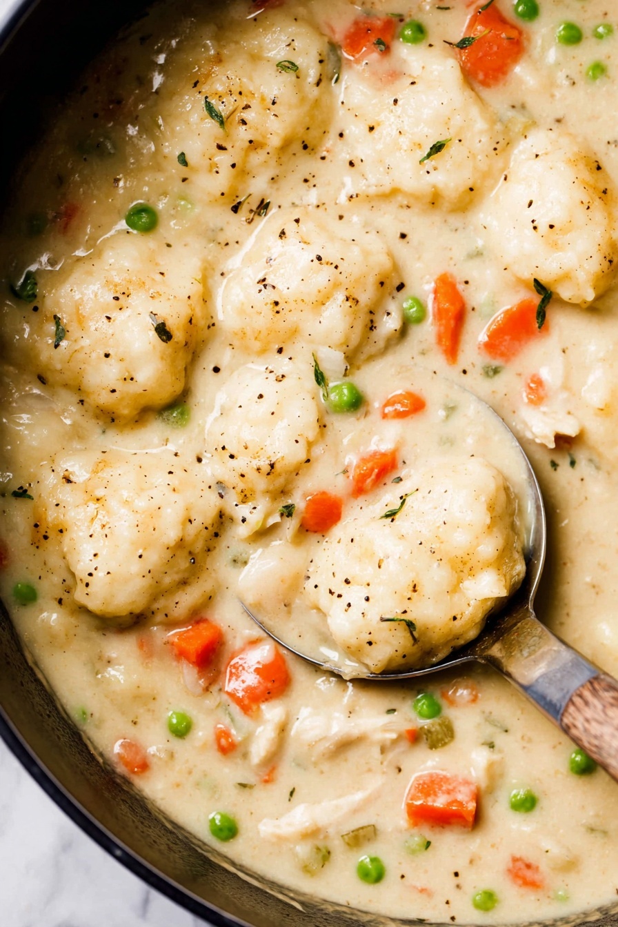 Vegan Chicken and Dumplings, plant-based comfort food, dairy-free chicken and dumplings, vegan hearty soup, easy vegan comfort meal - This image shows a close-up of a creamy stew in a black pot, filled with chunky white dumplings that have a soft, fluffy texture and are sprinkled with black pepper. The stew is thick and light beige with visible chunks of orange carrots, small green peas, and pieces of white meat scattered throughout. A metal ladle with a wooden handle is partially submerged in the stew on the right side, scooping up one dumpling. The background surface has been changed to a white marbled texture. photo taken with an iphone --ar 2:3 --v 7