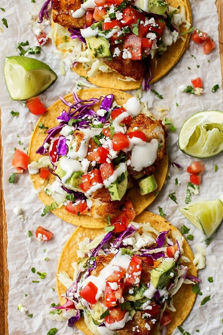 Vegan Fish Tacos with Fresh Toppings, Vegan Fish Tacos, Vegan Taco Recipes, Plant-Based Fish Tacos, Easy Vegan Fish Tacos - The image shows three tacos on a white marbled surface with crumpled parchment paper underneath. Each taco has a yellow corn tortilla as the base layer. On top of the tortillas, there are pieces of golden-brown cooked fish fillets. The fish is topped with small cubes of green avocado and diced red tomatoes. There is also shredded purple cabbage, white crumbled cheese, and small pieces of white onion scattered across the tacos. A light drizzle of creamy white sauce covers the toppings on each taco. Around the tacos, there are quarter lime wedges and small bits of chopped green herbs sprinkled on the surface. Photo taken with an iphone --ar 2:3 --v 7